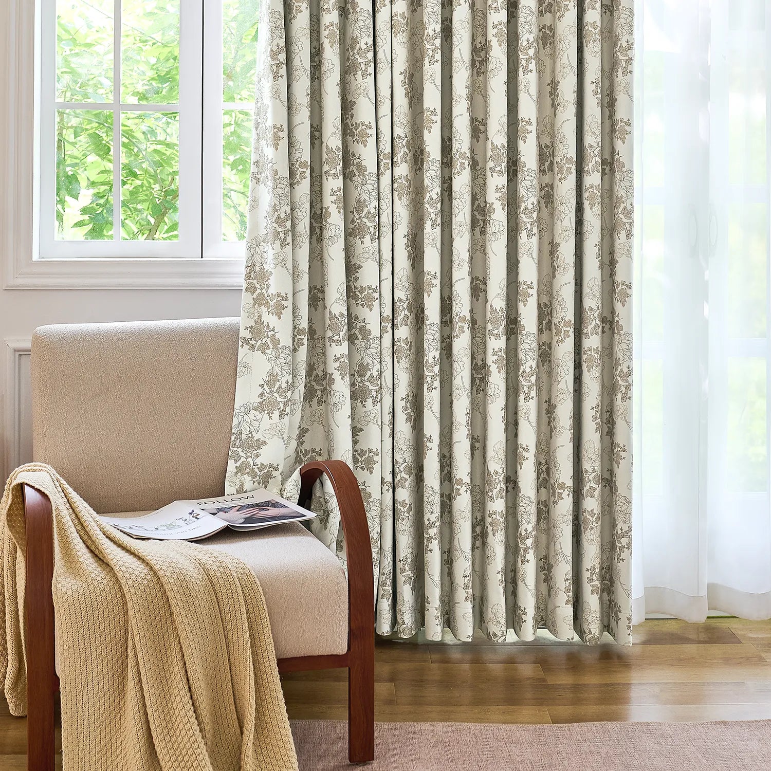 Lila Beige Rose Garden Floral Linen Textured Blackout Drapes