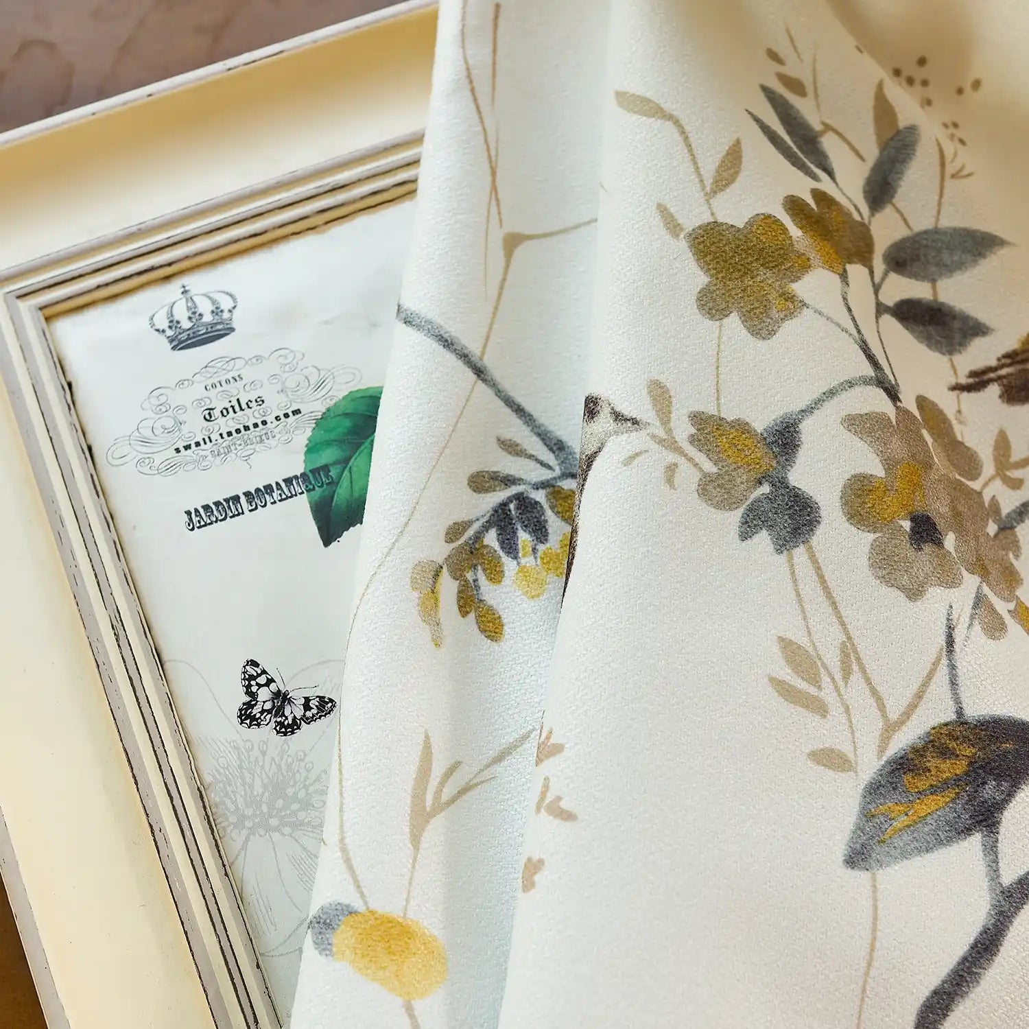 Lina Yellow Warbler & Blossoms Chenille Floral Curtains