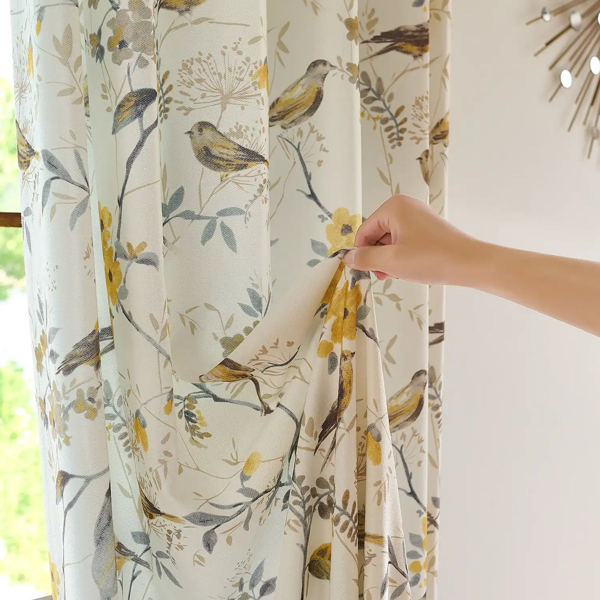 Lina Yellow Warbler & Blossoms Chenille Floral Curtains