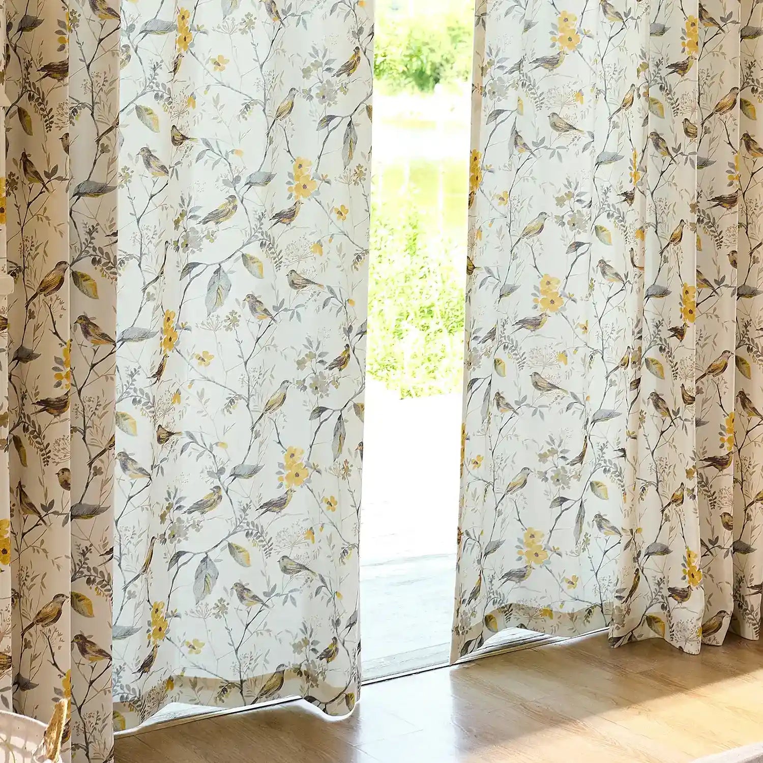 Lina Yellow Warbler & Blossoms Chenille Floral Curtains