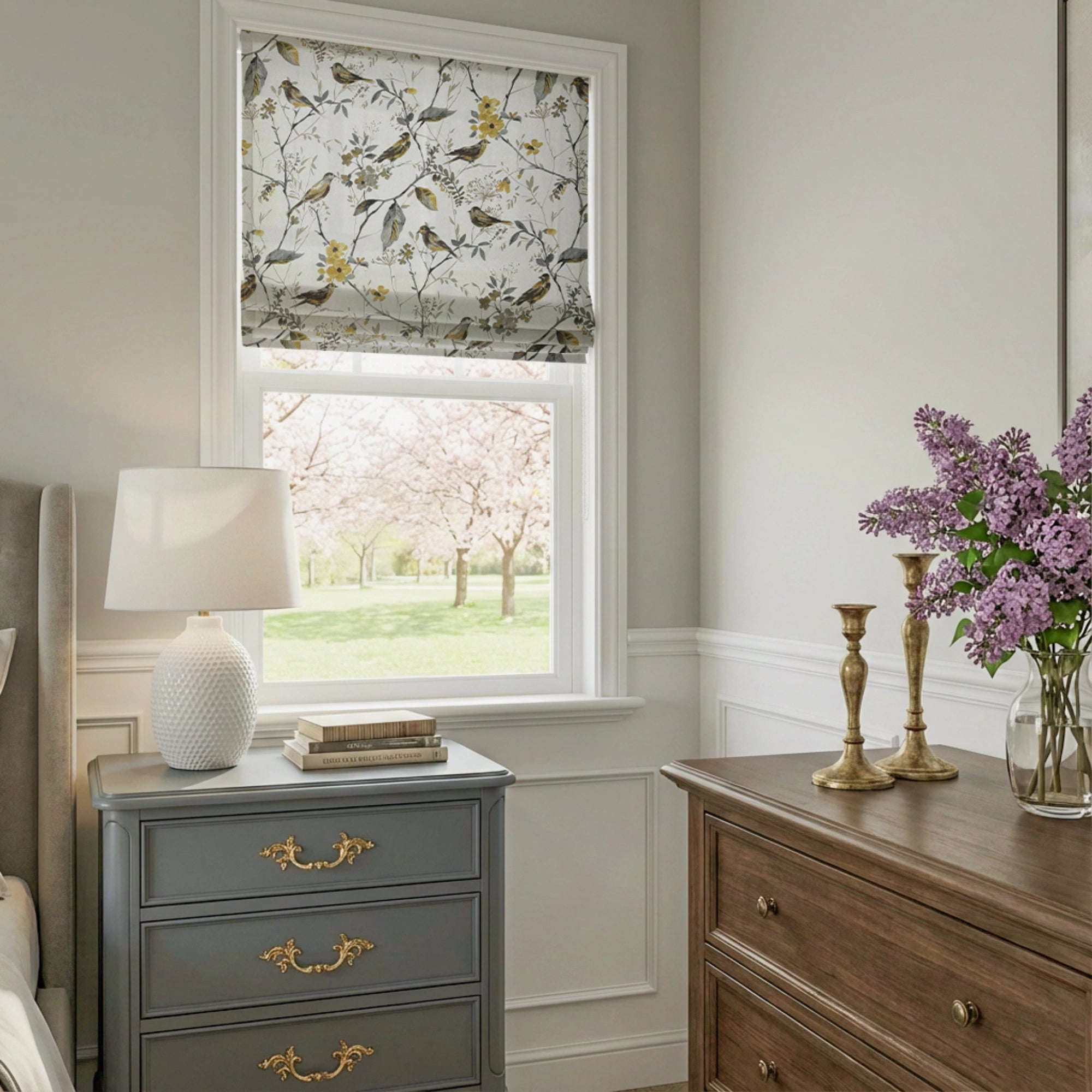 Lina Yellow Warbler & Blossoms Chenille Floral Roman Shades: Image H131-3_scene_1 showcases the roman shade with lovely yellow warbler & blossoms patterns, soft chenille fabric and elegant home scene display.