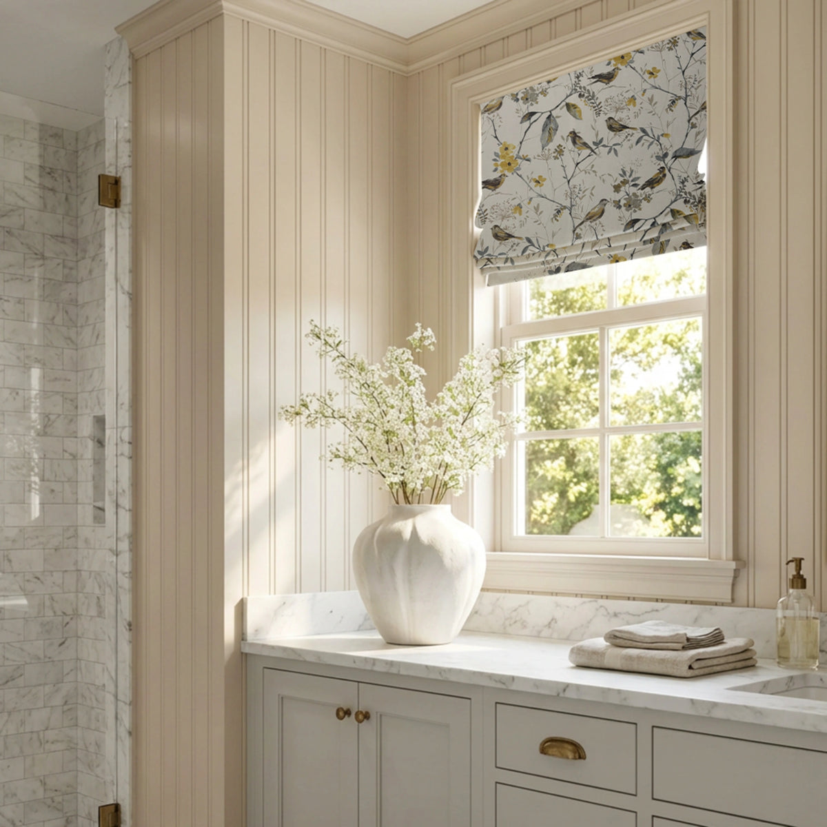 Lina Yellow Warbler & Blossoms Chenille Floral Roman Shades: Image H131-3_scene_2 showcases the roman shade with lovely yellow warbler & blossoms patterns, soft chenille fabric and elegant home scene display.