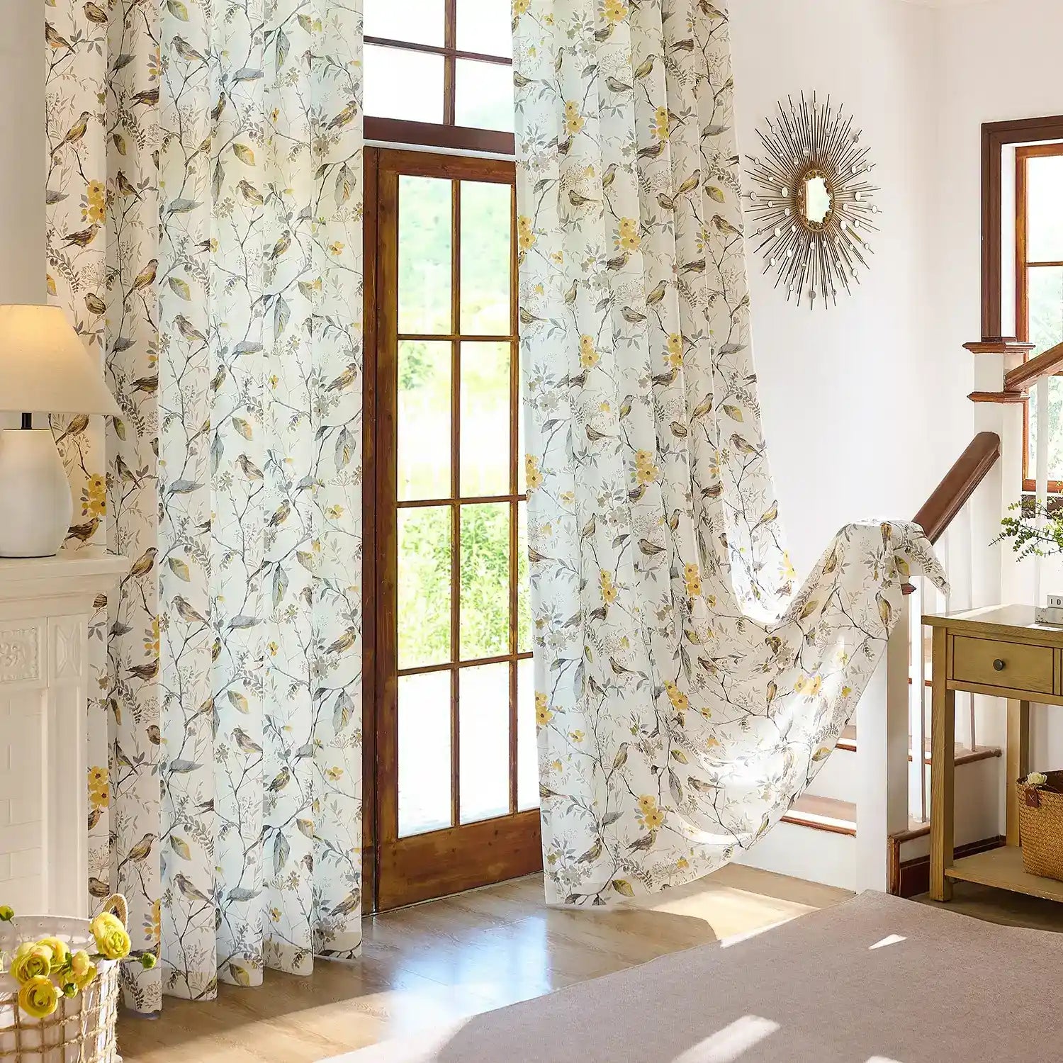 Lina Yellow Warbler & Blossoms Chenille Floral Curtains