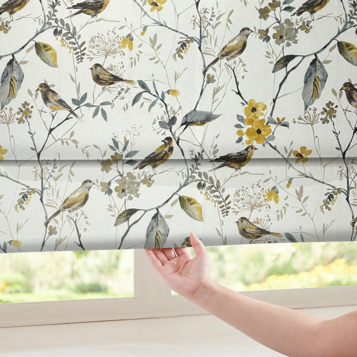Lina Yellow Warbler & Blossoms Chenille Floral Roman Shades: Image H131-3_scene_3 showcases the roman shade with lovely yellow warbler & blossoms patterns, soft chenille fabric and elegant home scene display.
