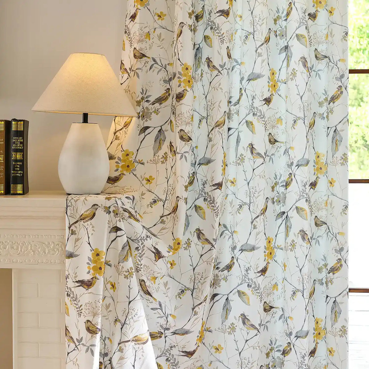 Lina Yellow Warbler & Blossoms Chenille Floral Curtains