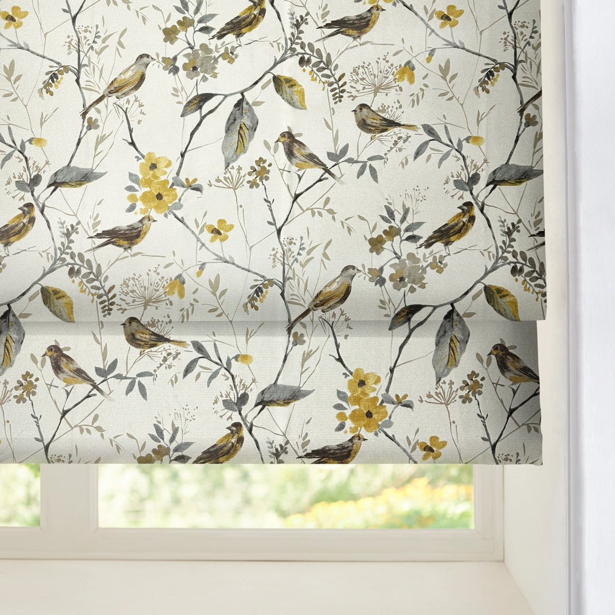 Lina Yellow Warbler & Blossoms Chenille Floral Roman Shades: Image H131-3_scene_4 showcases the roman shade with lovely yellow warbler & blossoms patterns, soft chenille fabric and elegant home scene display.