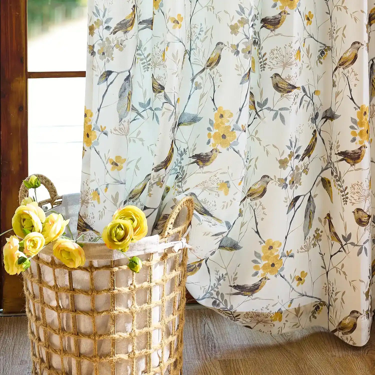 Lina Yellow Warbler & Blossoms Chenille Floral Curtains