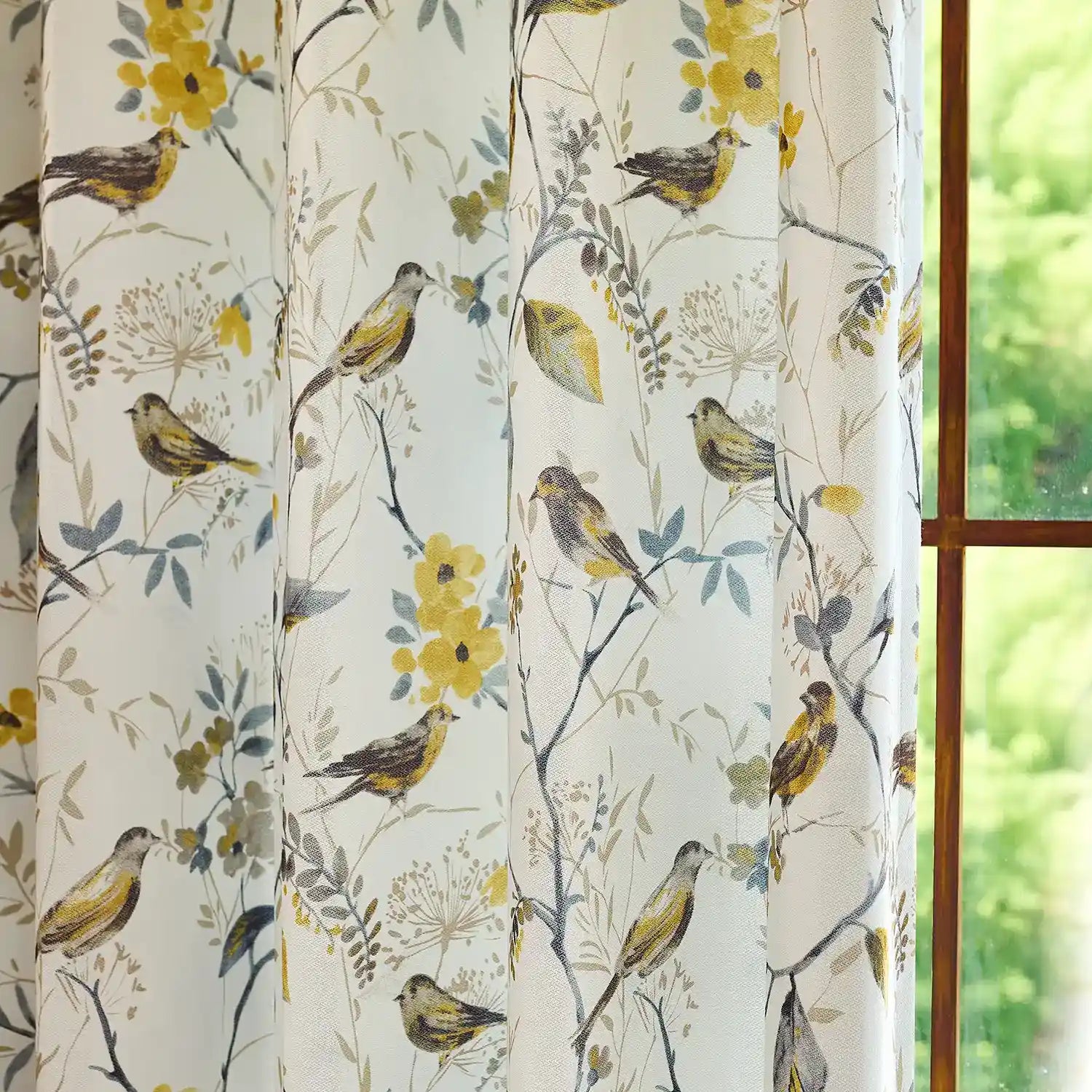 Lina Yellow Warbler & Blossoms Chenille Floral Curtains