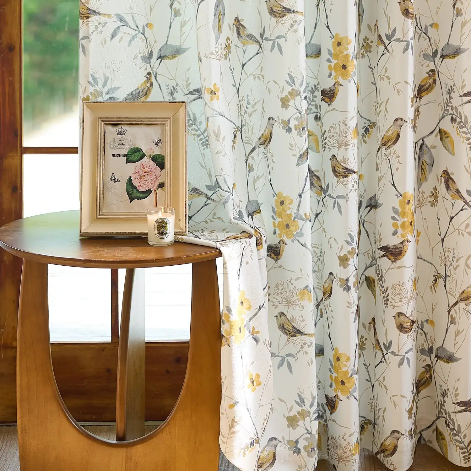 Lina Yellow Warbler & Blossoms Chenille Floral Curtains