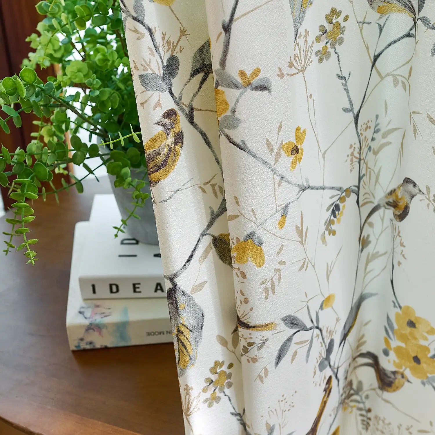 Lina Yellow Warbler & Blossoms Chenille Floral Curtains