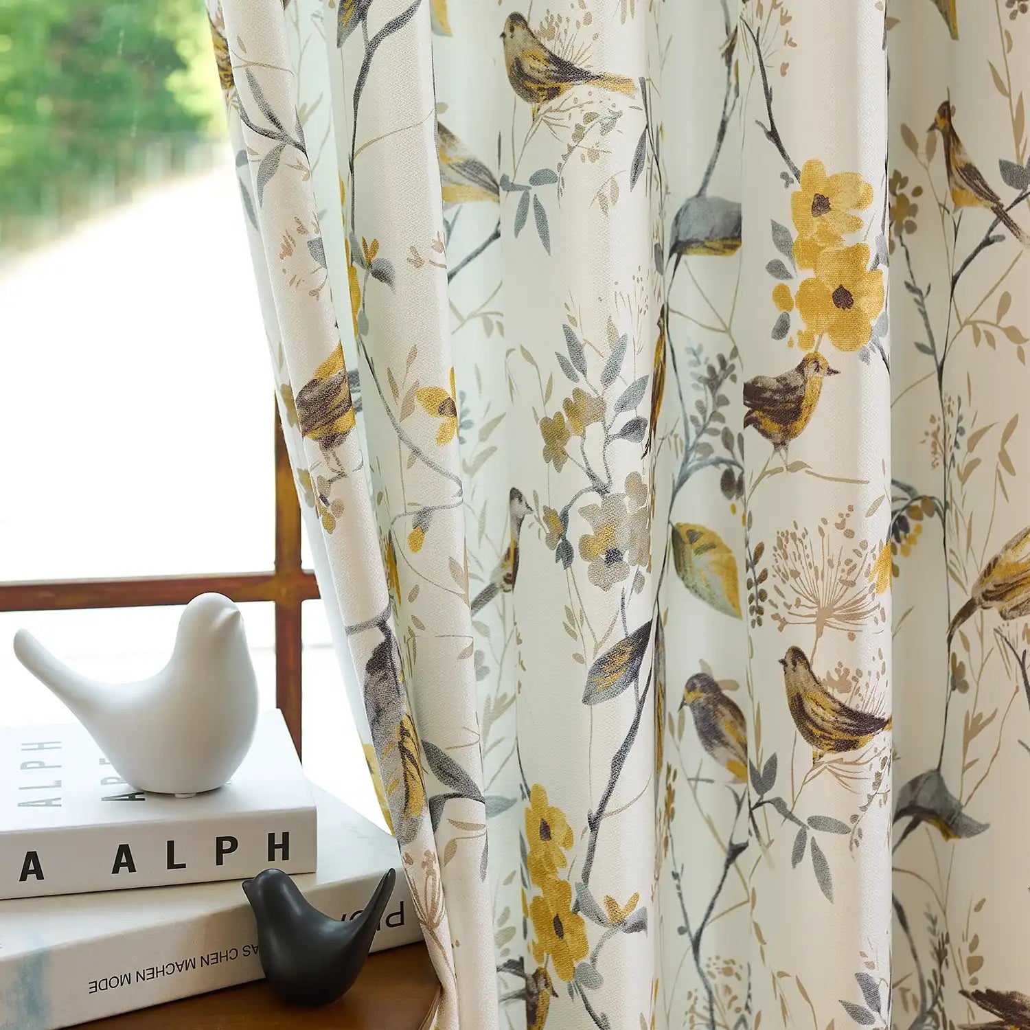 Lina Yellow Warbler & Blossoms Chenille Floral Curtains