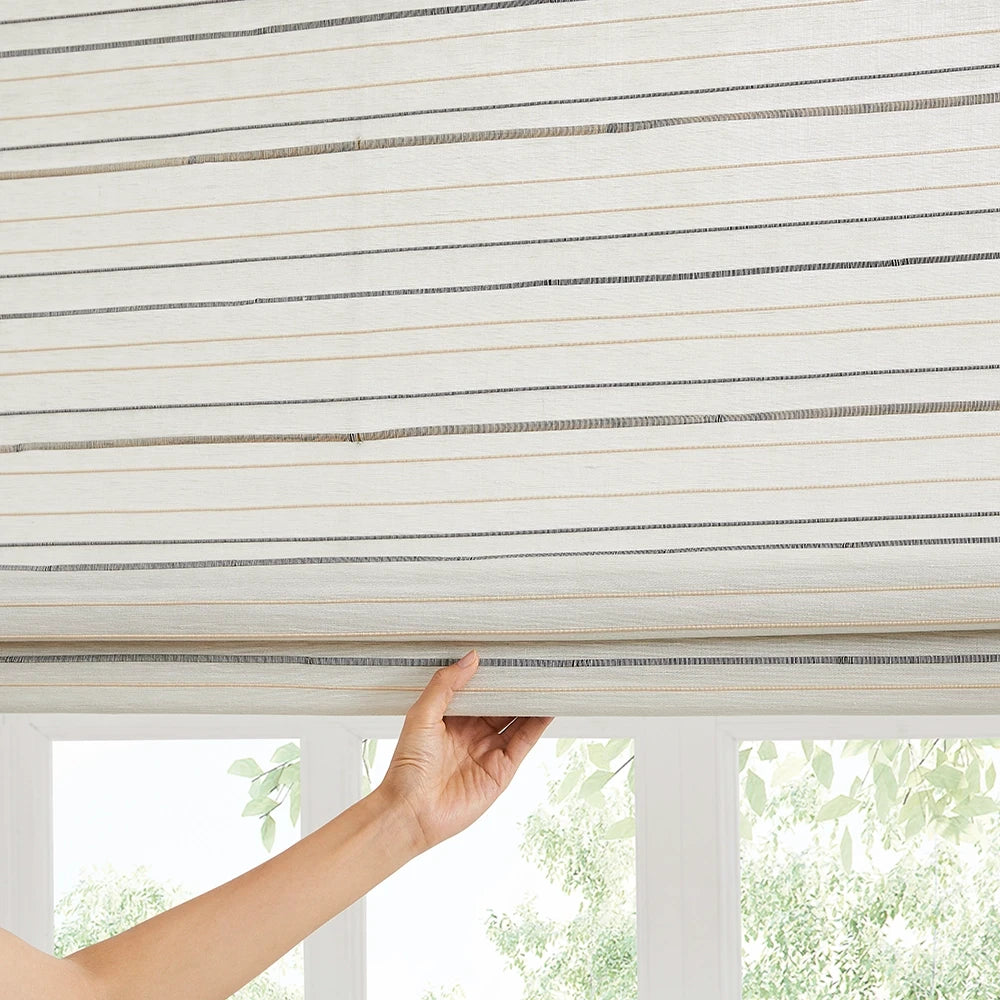 Lirra Natural linen reed bamboo woven shades, soft ambient light filtering with natural texture, detail display