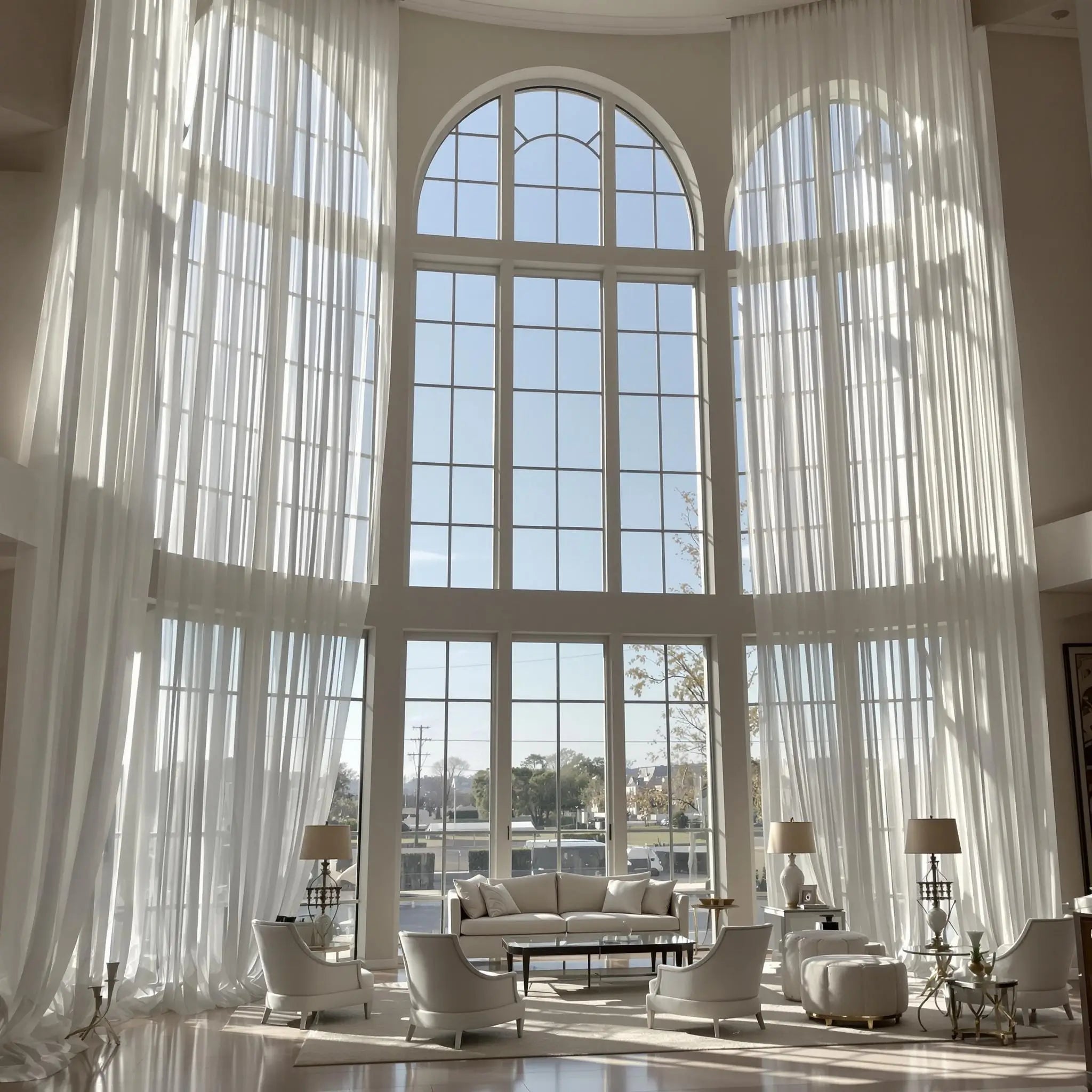 Luciana custom semi-sheer pleated drapes extra long and wide for large windows main 3 showing partially open semi-transparent curtains