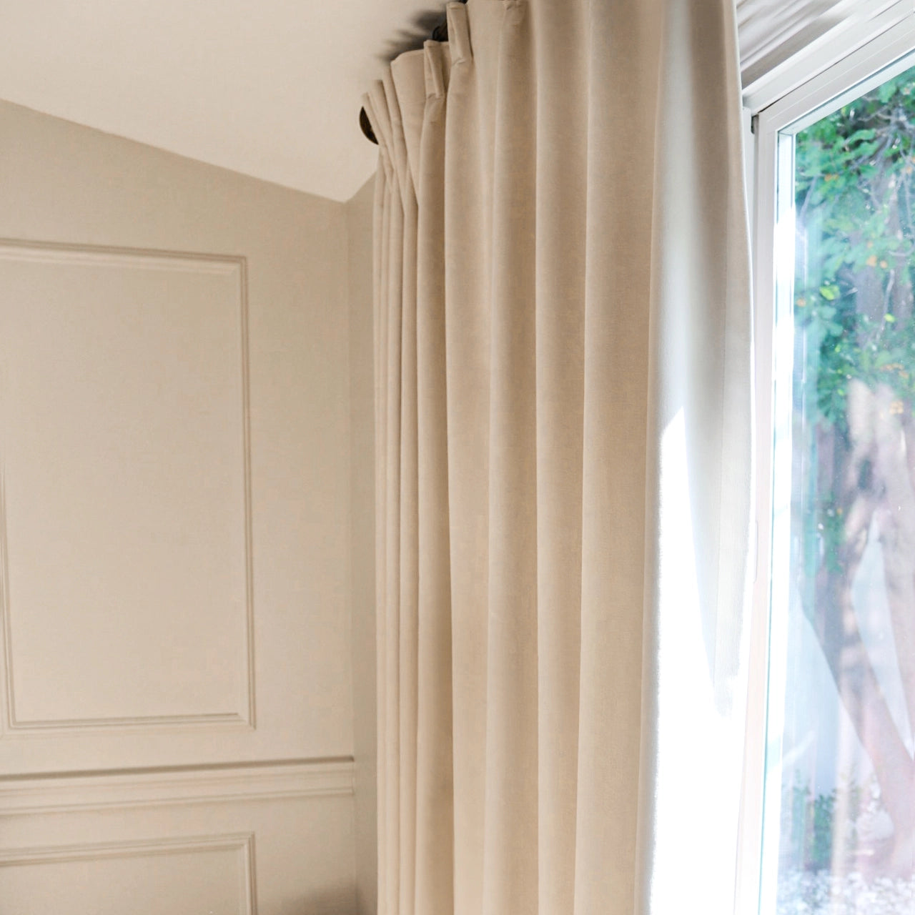 Lyra Velvet-Like Texture Blackout Curtains cloud-1-3 showing the rich velvety finish and elegant draping style for a cozy modern bedroom interior