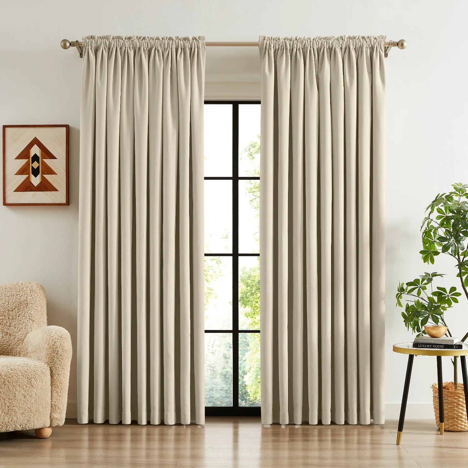 Lyra cloud-1_scene_1 velvet-like texture blackout curtains with luxurious drapes in a contemporary modern home interior
