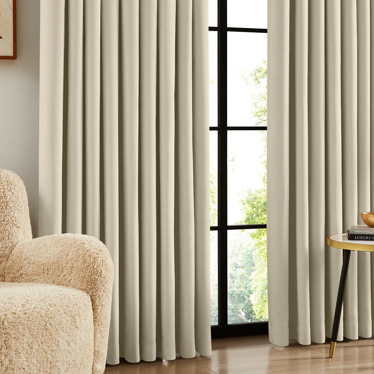 Lyra cloud-1_scene_2 velvet-like texture blackout curtains featuring luxurious draping in a stylish modern living space