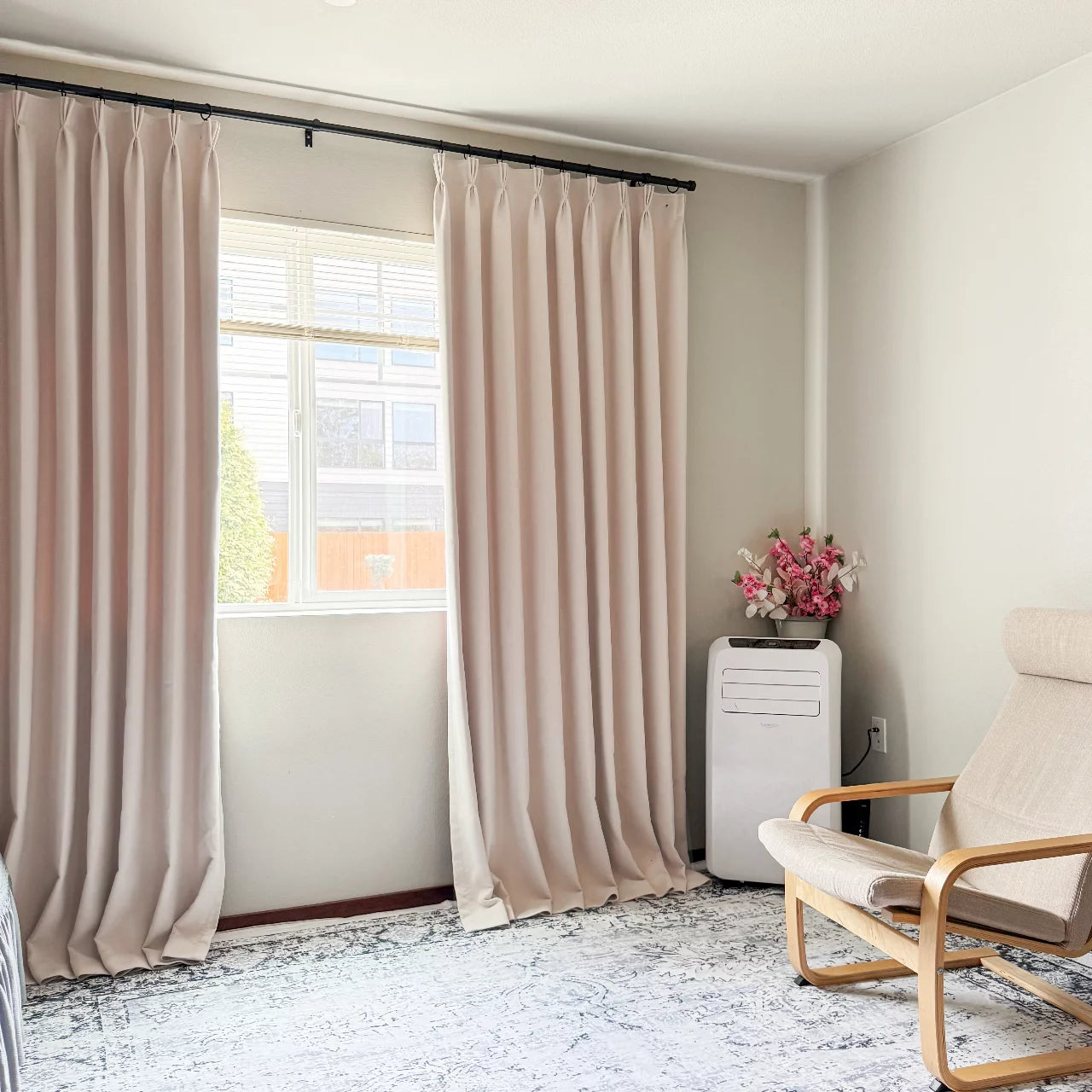 Lyra velvet-like texture blackout curtains cloud-1 scene 3 displaying the plush luxurious feel and effective blackout performance in a contemporary living space