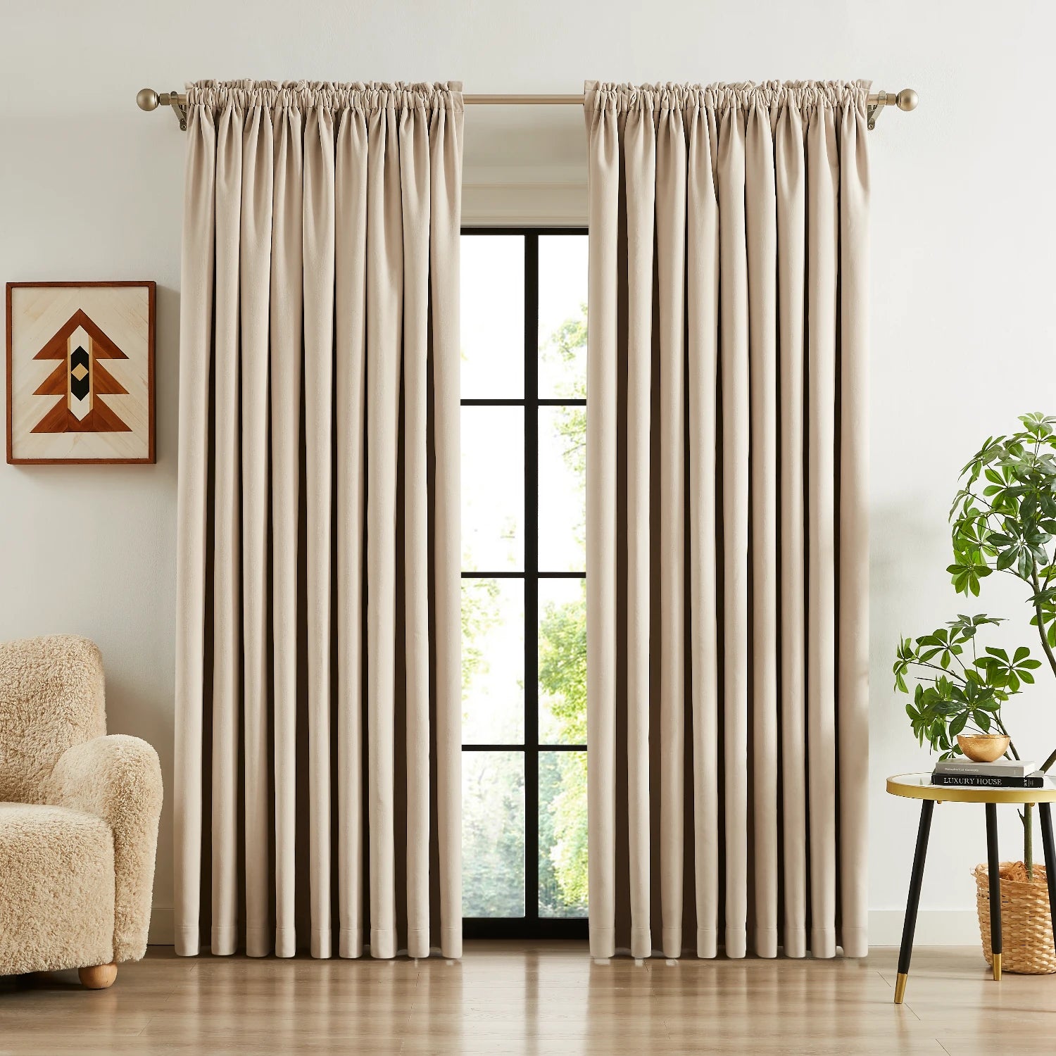Lyra cloud-3_scene_1 velvet-like texture blackout curtains with luxurious draping effect in a modern elegant home interior