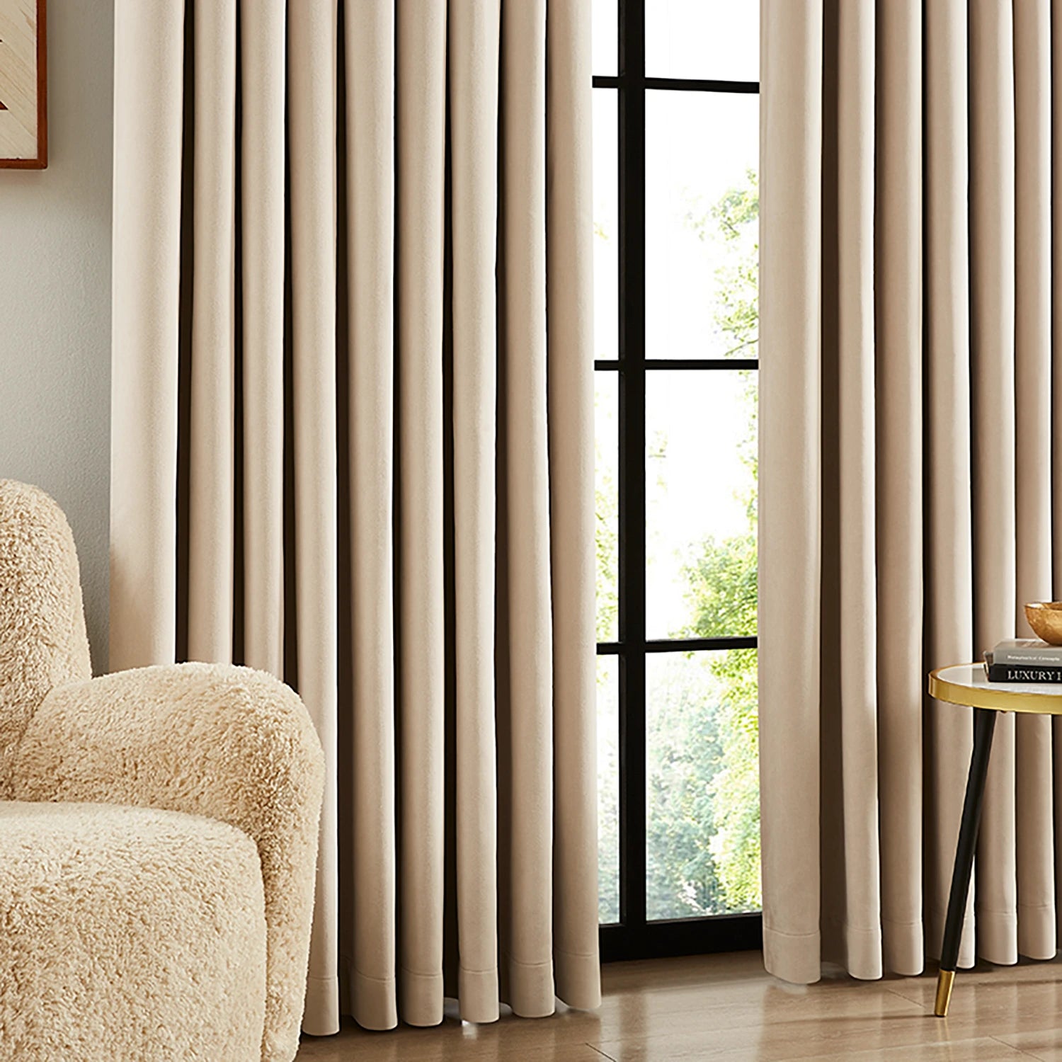 Lyra cloud-3_scene_2 velvet-like texture blackout curtains featuring luxurious draping in a modern stylish home interior