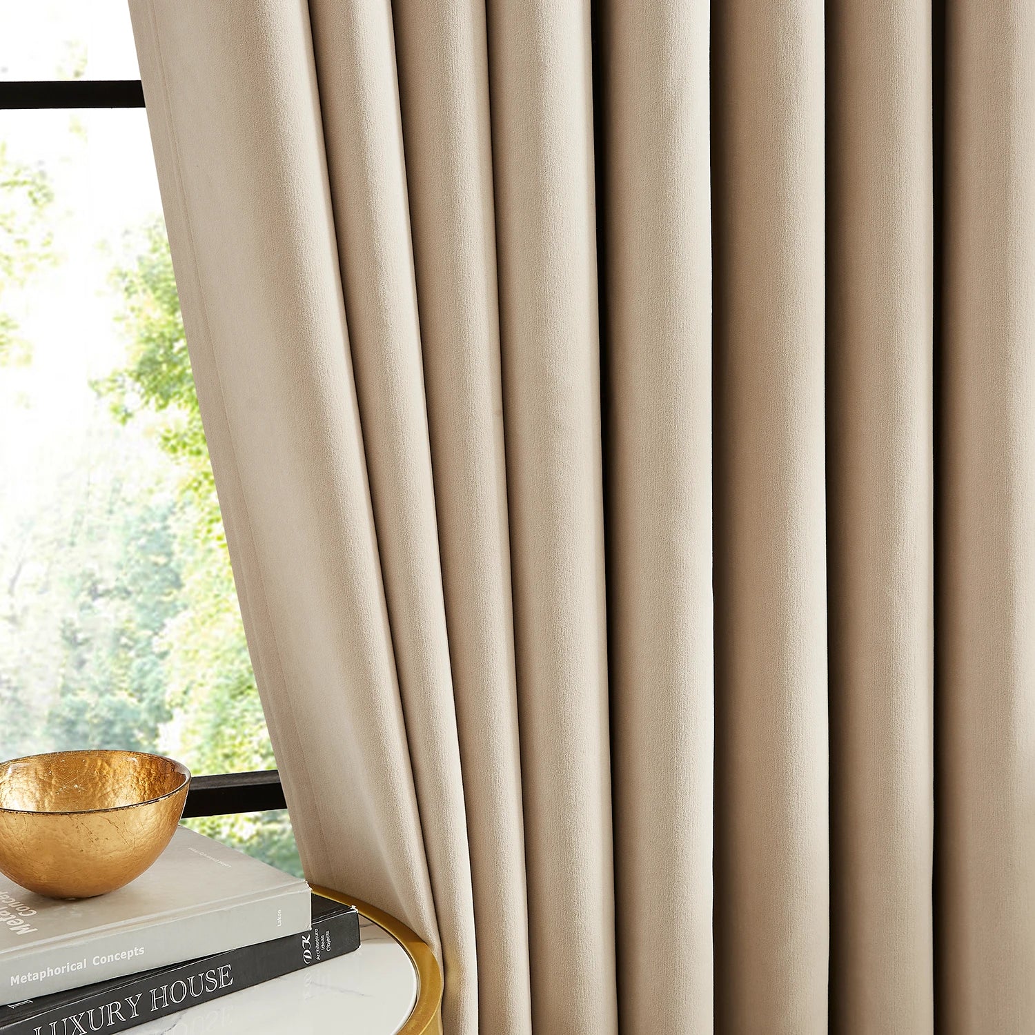 Lyra cloud-3_scene_3 velvet-like texture blackout curtains with graceful luxurious draping in a modern chic home interior