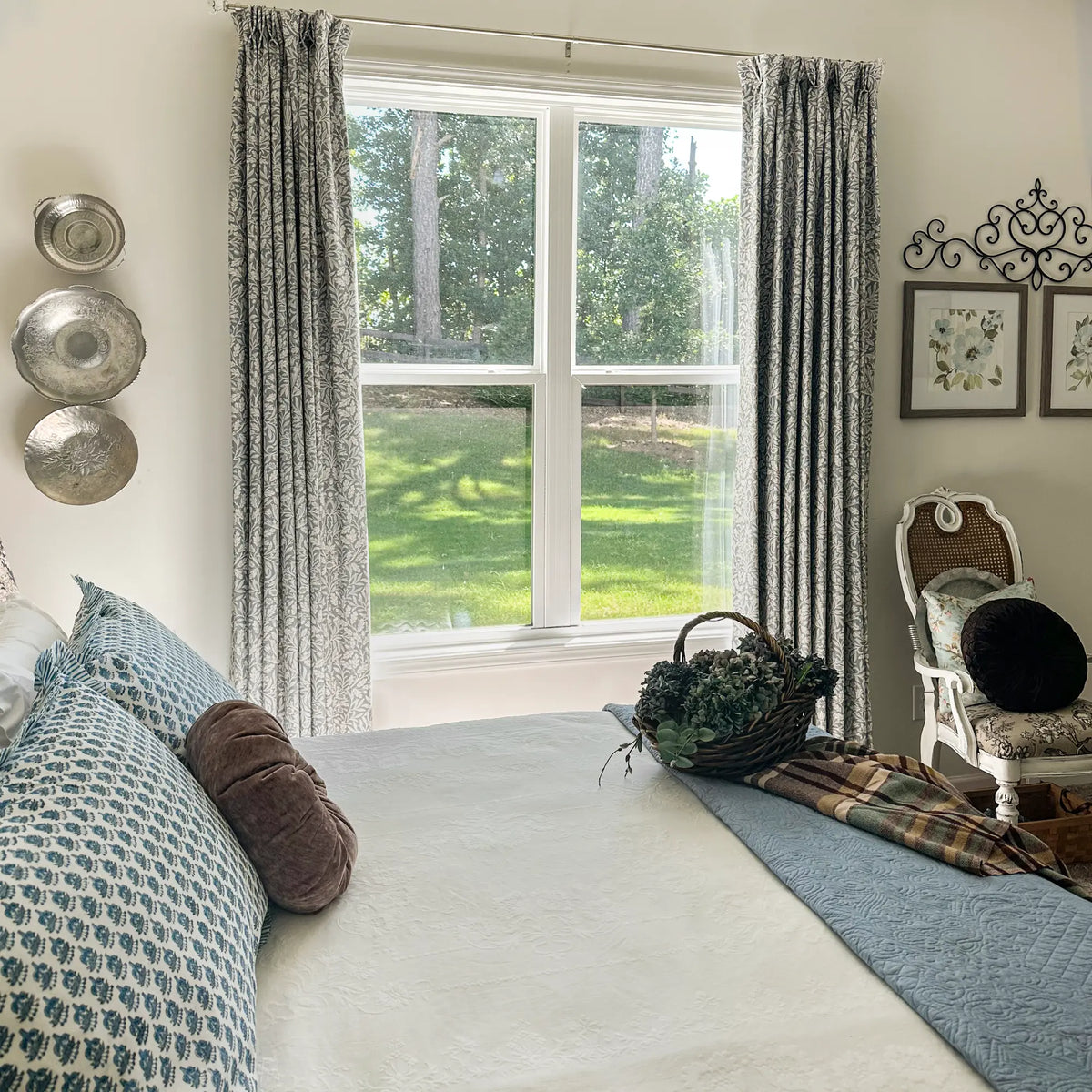 Mae H-006 duck egg blue vintage botanical print linen drapes bright for bedroom