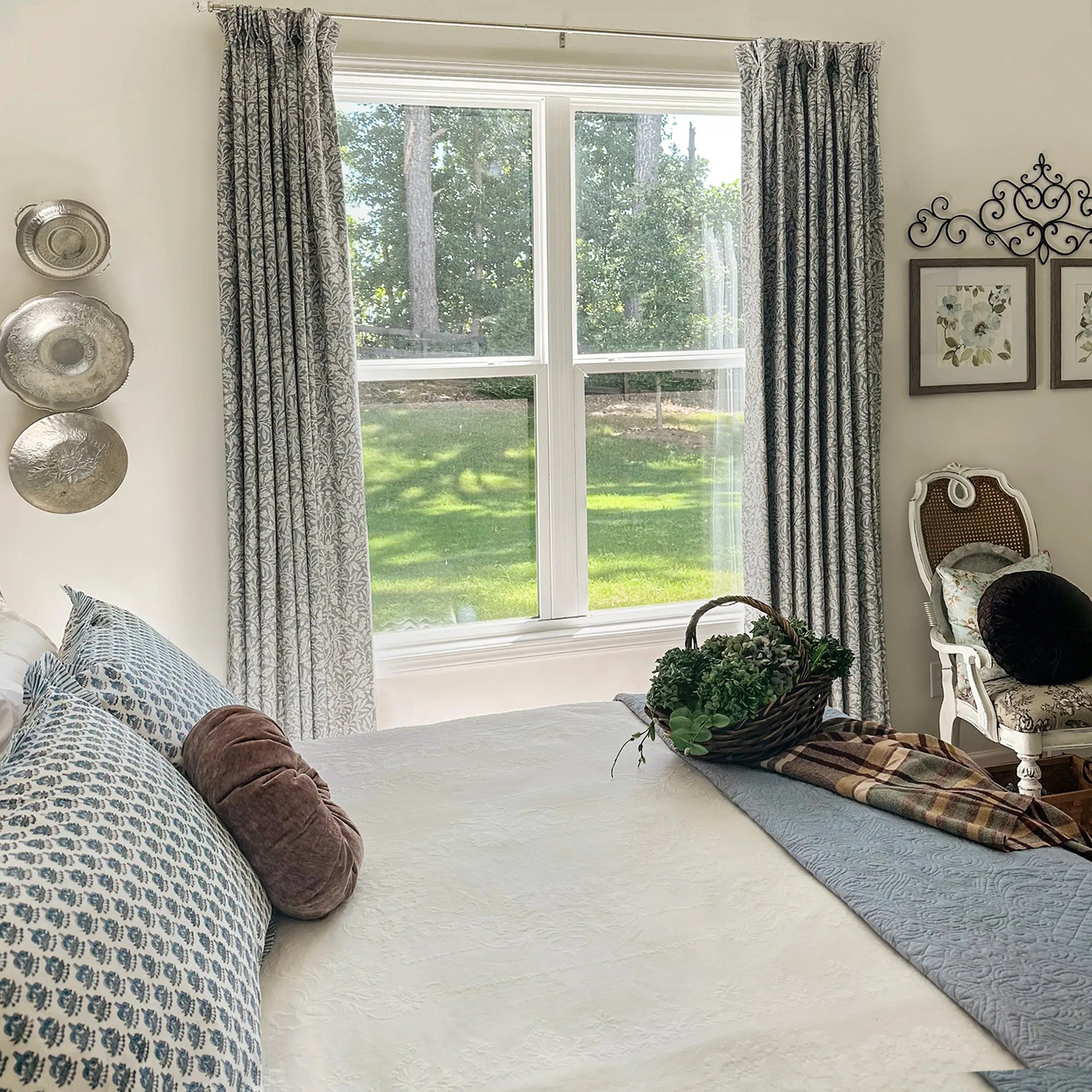 Mae H-006 duck egg blue vintage botanical print linen drapes bright for bedroom