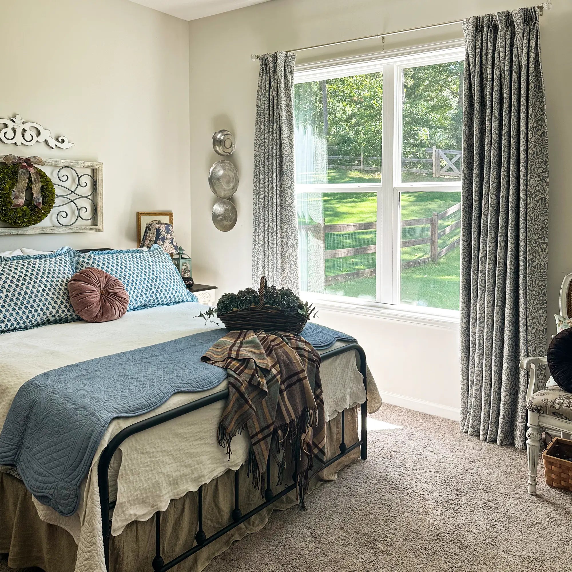 Mae H-006 duck egg blue vintage botanical print linen drapes bright for bedroom