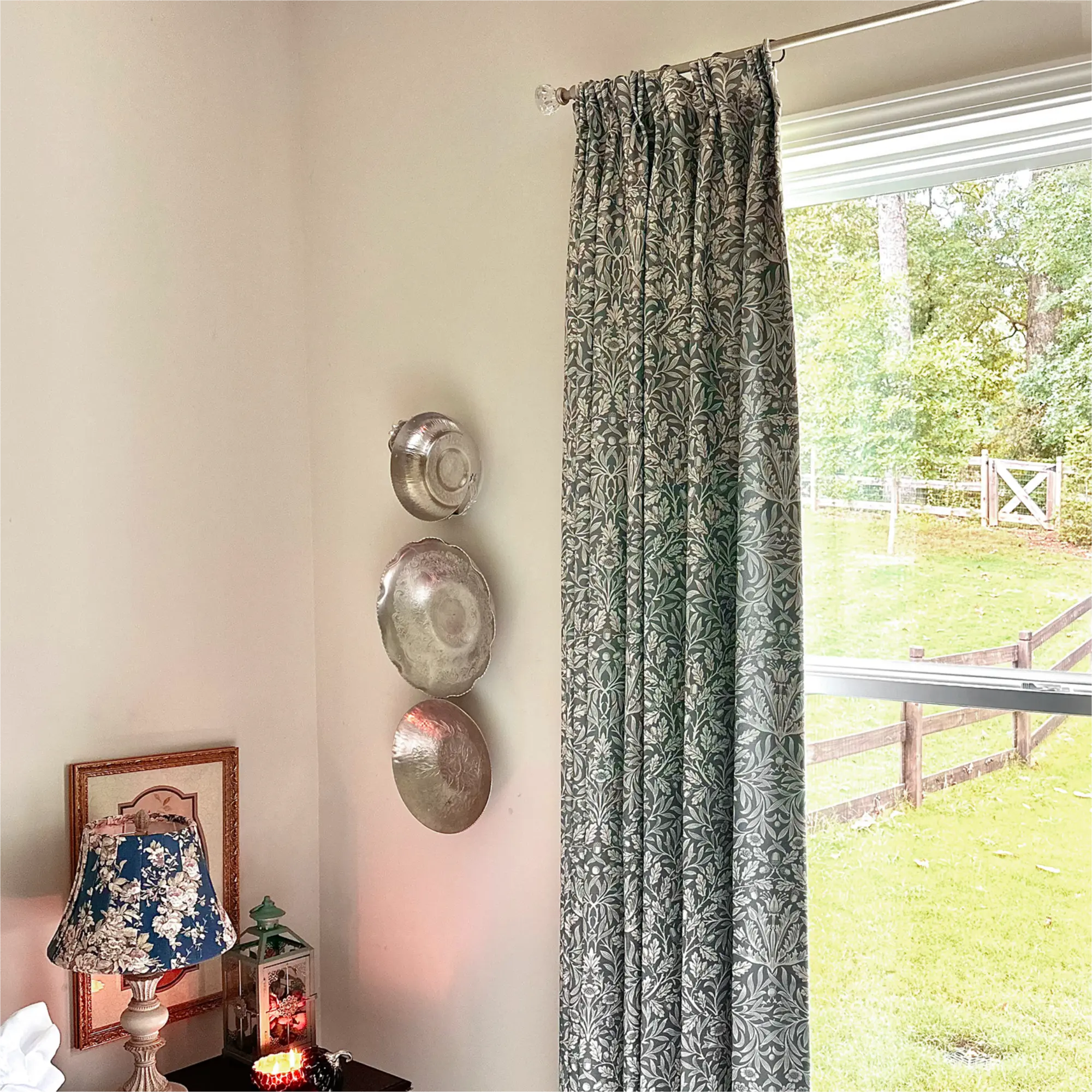 Mae H-006 duck egg blue vintage botanical print linen drapes detail display