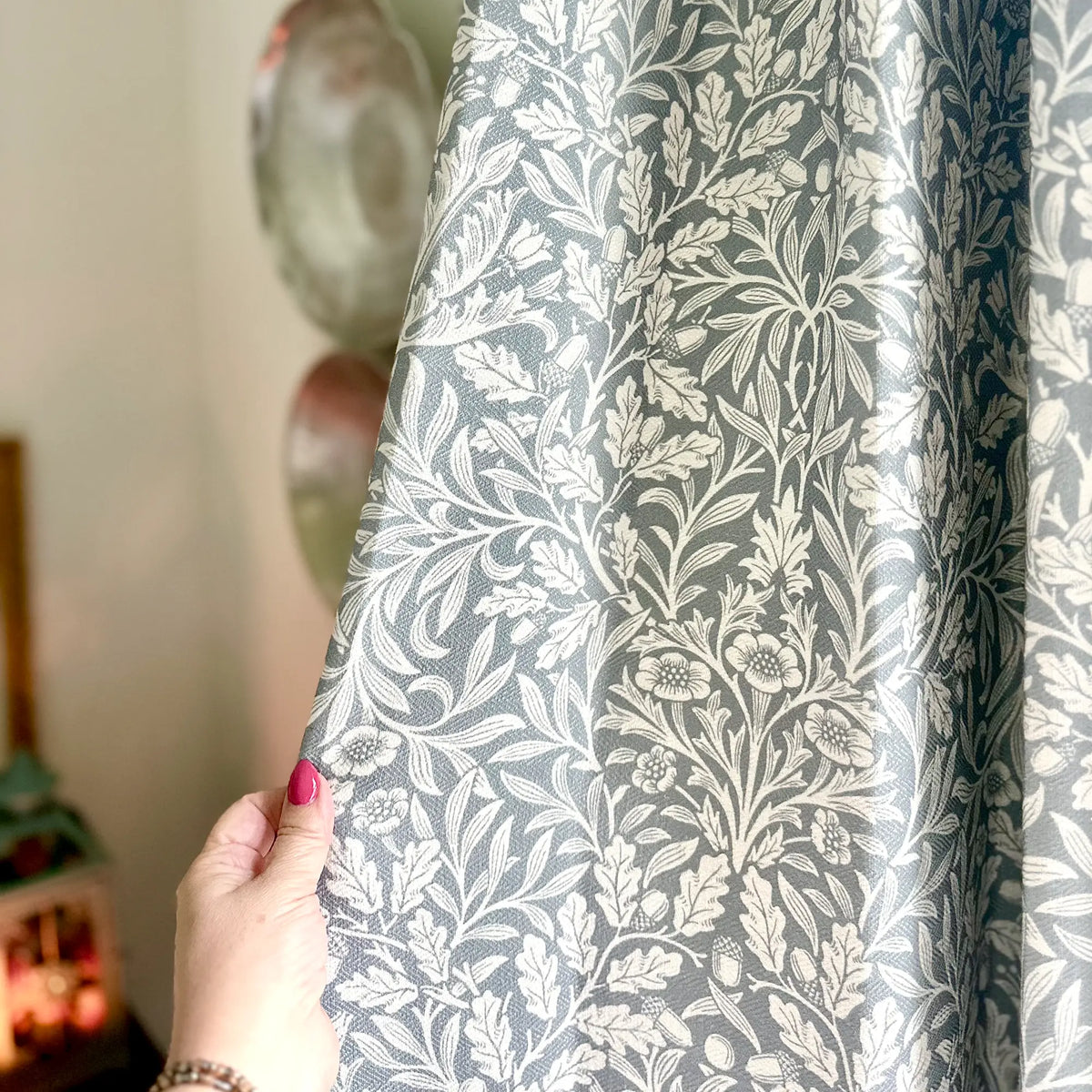 Mae H-006 duck egg blue vintage botanical print linen drapes detail display