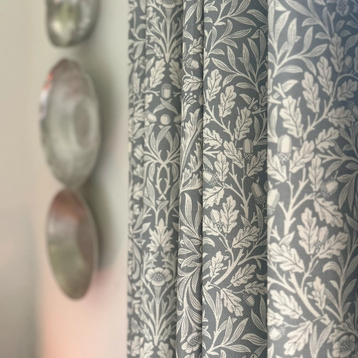 Mae H-006 duck egg blue vintage botanical print linen drapes detail display