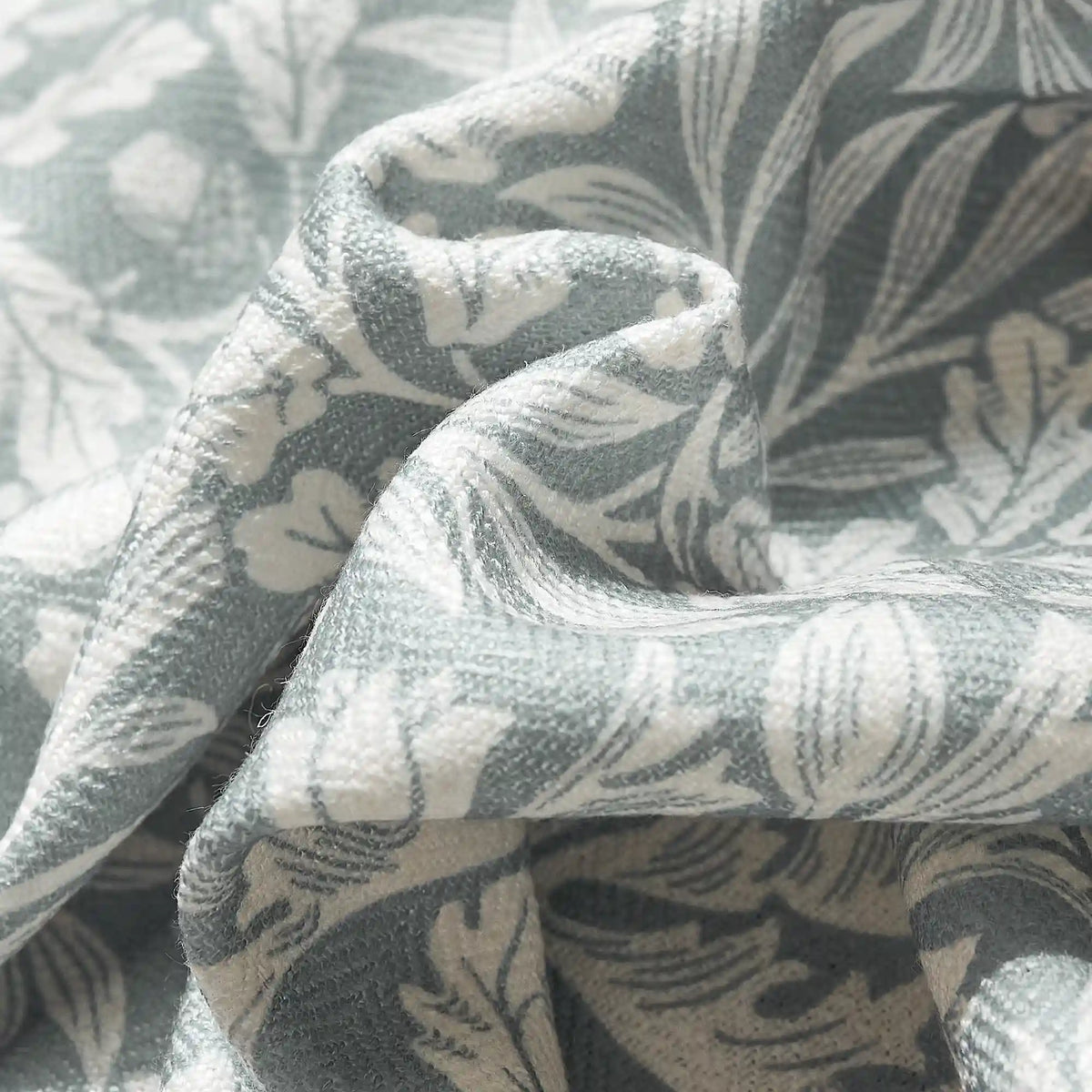Mae H-006 duck egg blue vintage botanical print linen drapes detail display
