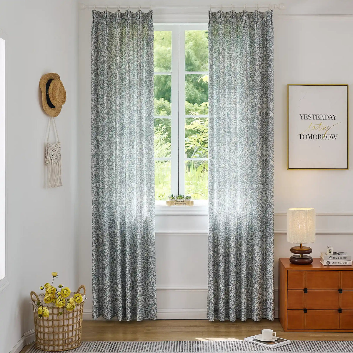 Mae H-006 duck egg blue vintage botanical print linen drapes for large windows