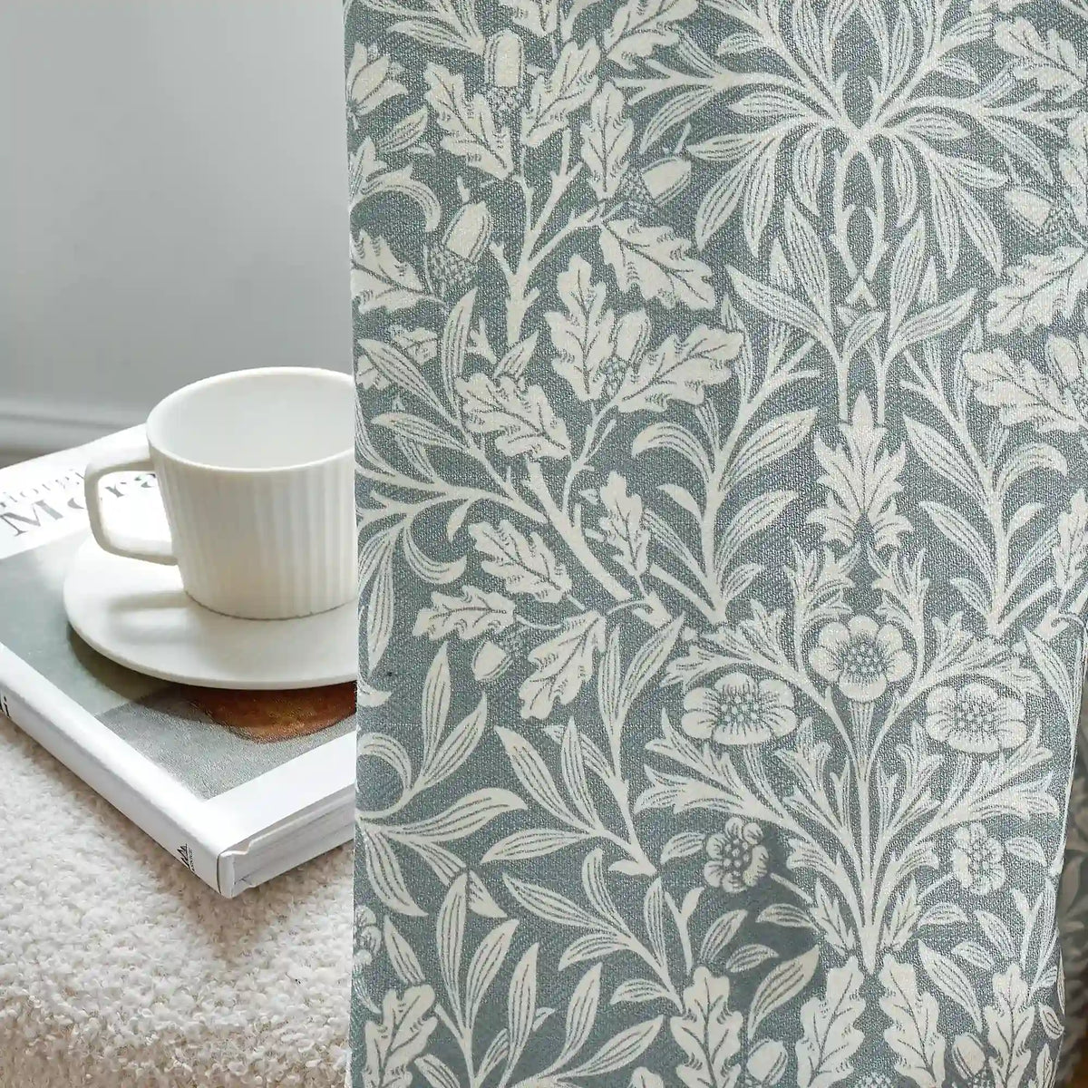 Mae H-006 duck egg blue vintage botanical print linen drapes detail display