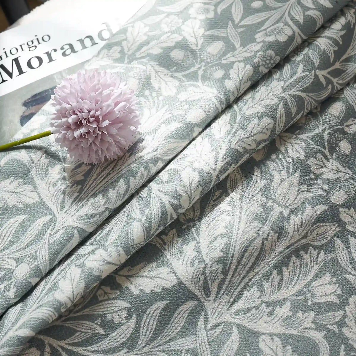 Mae H-006 duck egg blue vintage botanical print linen drapes detail display