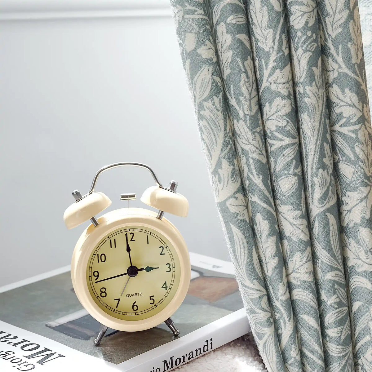 Mae H-006 duck egg blue vintage botanical print linen drapes detail display