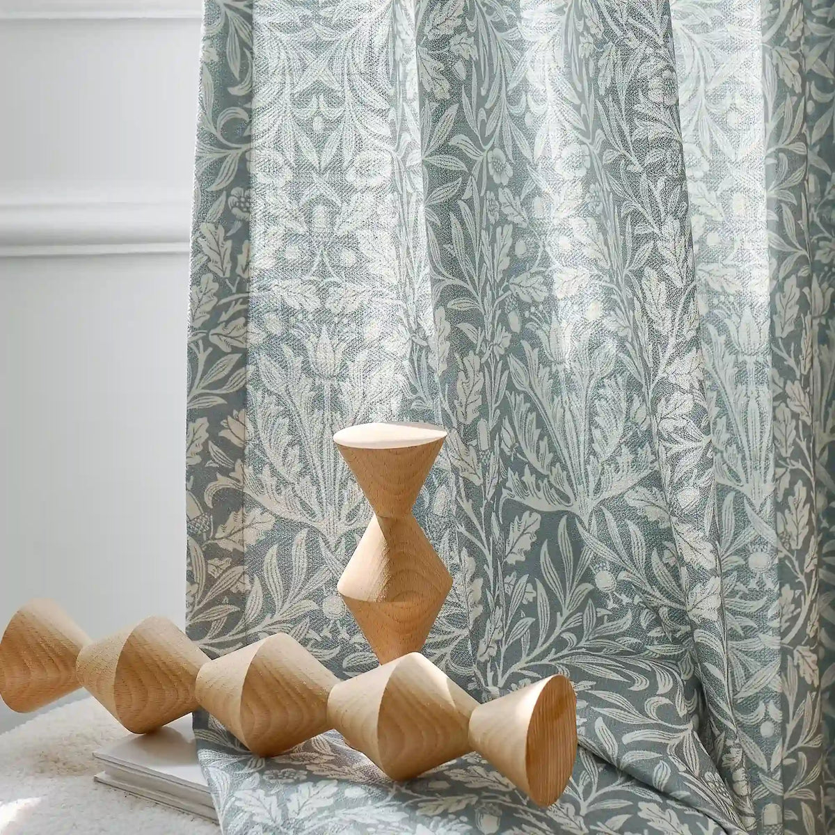 Mae H-006 duck egg blue vintage botanical print linen drapes detail display