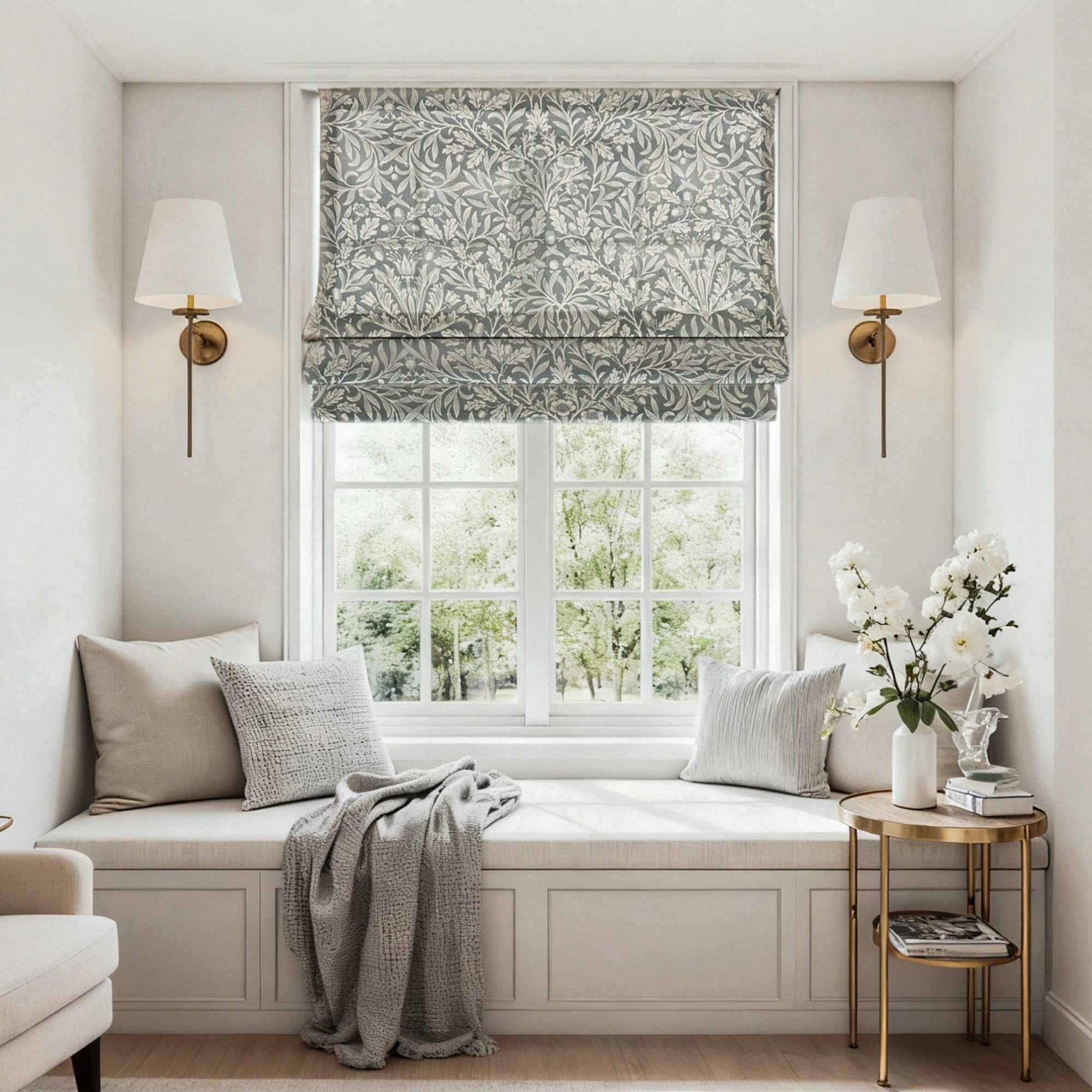 Mae Duck Egg Blue Vintage Botanical Print Linen Roman Shades: Image H-006_scene_1 showcases the roman shade with elegant vintage botanical print, soft duck egg blue hue, natural linen fabric and stylish home scene display.