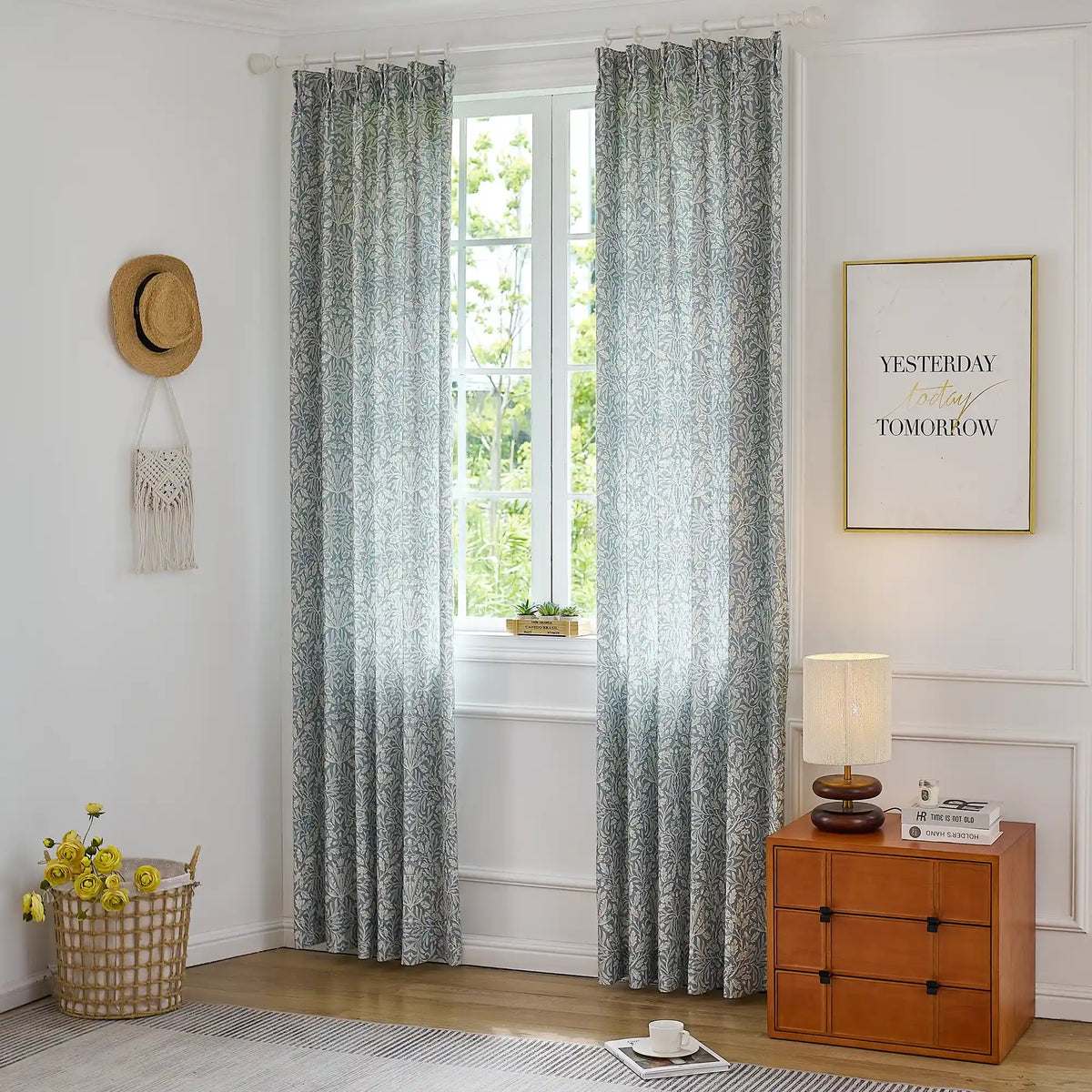Mae H-006 duck egg blue vintage botanical print linen drapes for large windows