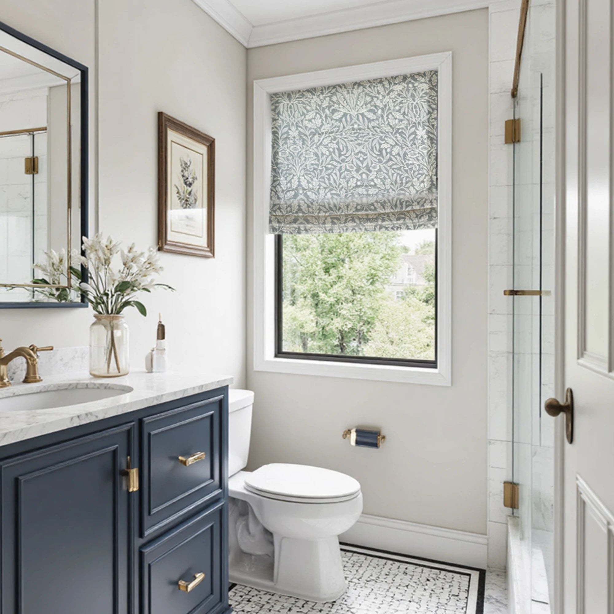 Mae Duck Egg Blue Vintage Botanical Print Linen Roman Shades: Image H-006_scene_2 showcases the roman shade with elegant vintage botanical print, soft duck egg blue hue, natural linen fabric and stylish home scene display.