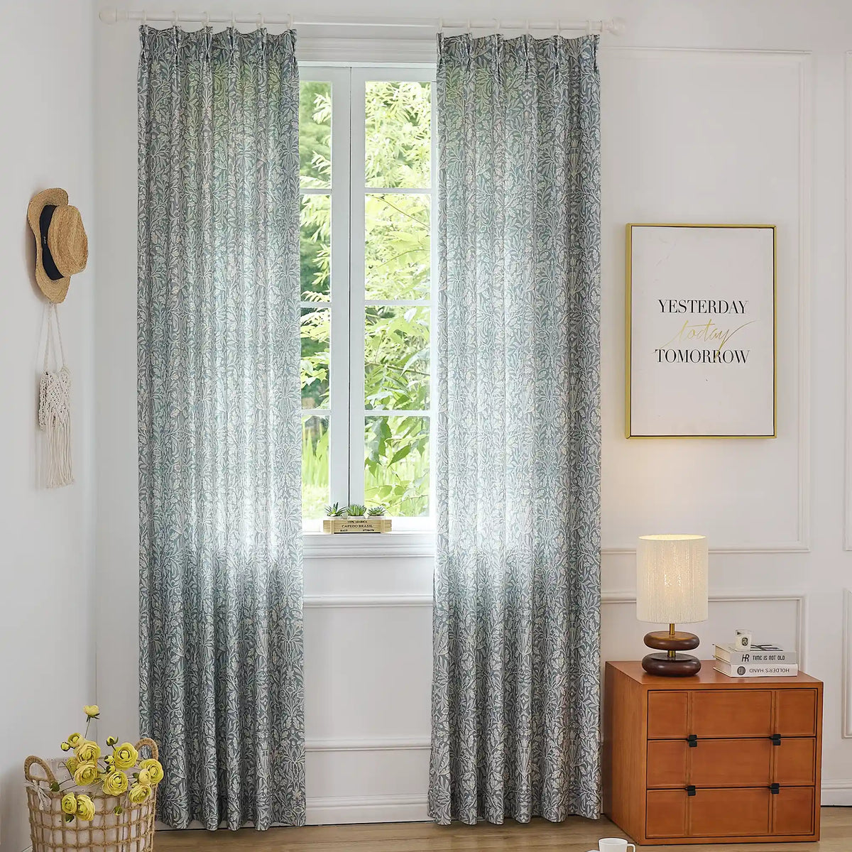 Mae H-006 duck egg blue vintage botanical print linen drapes bright for bedroom