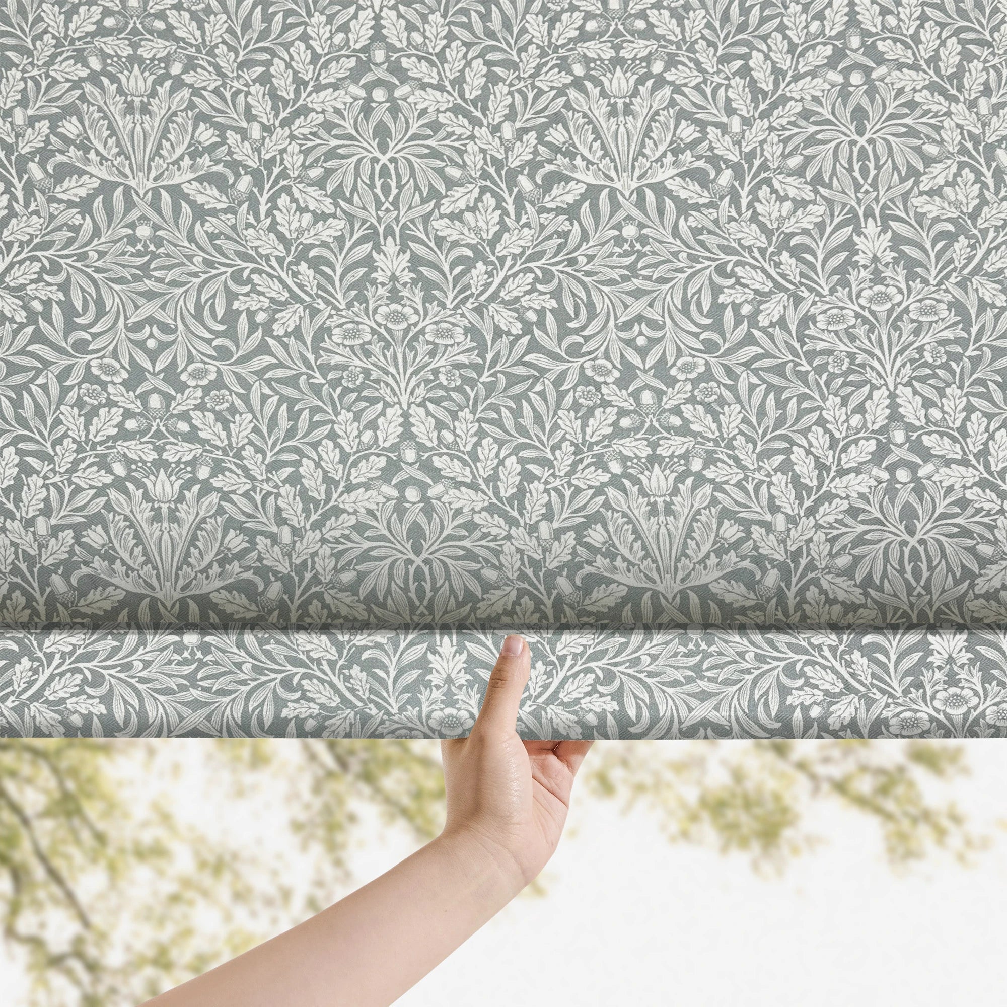 Mae Duck Egg Blue Vintage Botanical Print Linen Roman Shades: Image H-006_scene_3 showcases the roman shade with classic vintage botanical print, duck egg blue linen material and elegant home scene matching effect.