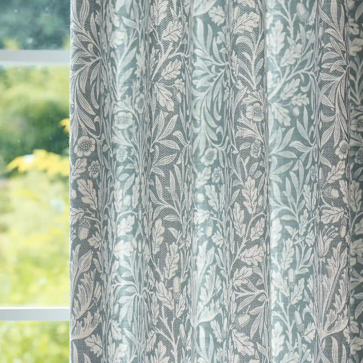 Mae H-006 duck egg blue vintage botanical print linen drapes detail display
