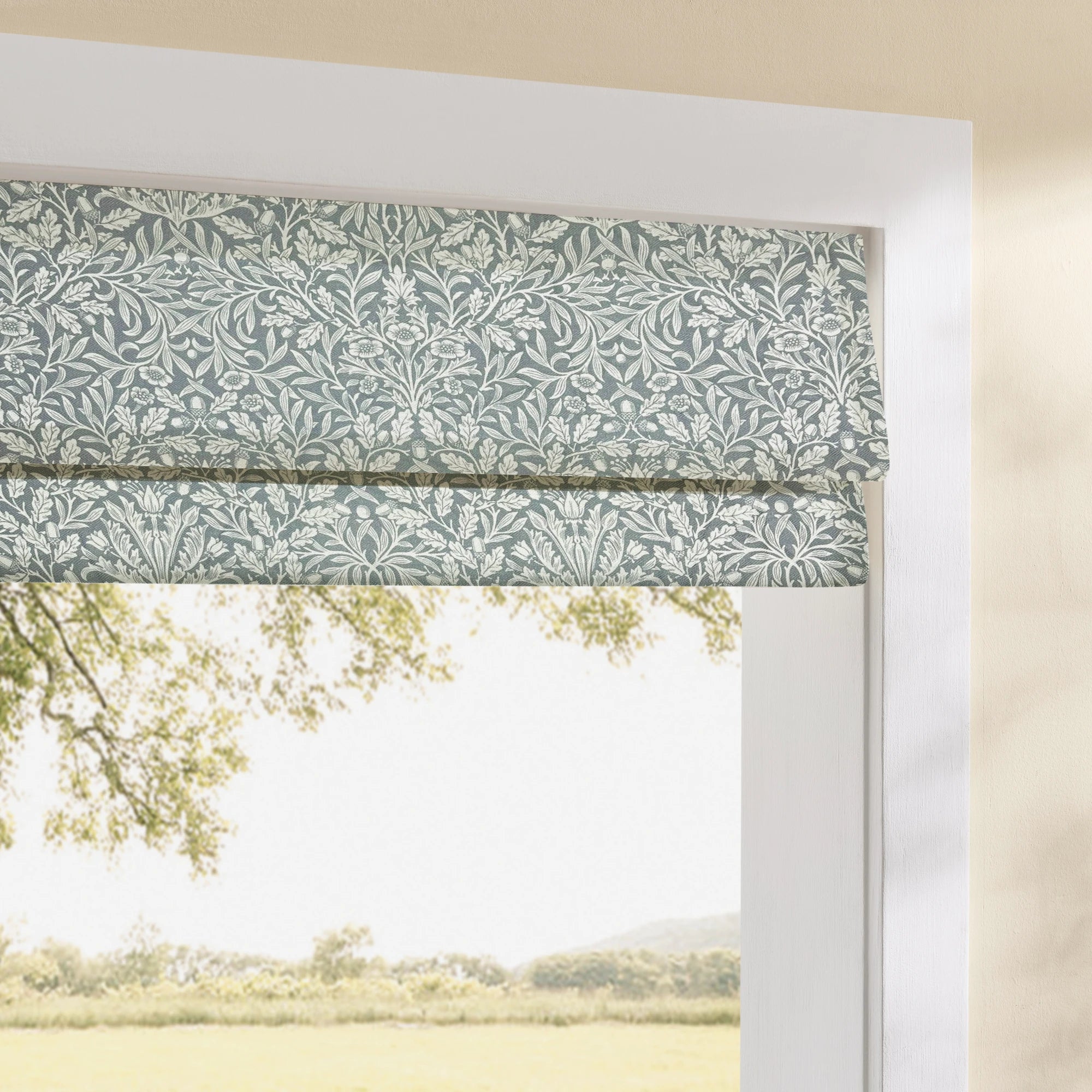 Mae Duck Egg Blue Vintage Botanical Print Linen Roman Shades: Image H-006_scene_4 showcases the roman shade with classic vintage botanical print, duck egg blue linen material and elegant home scene matching effect.
