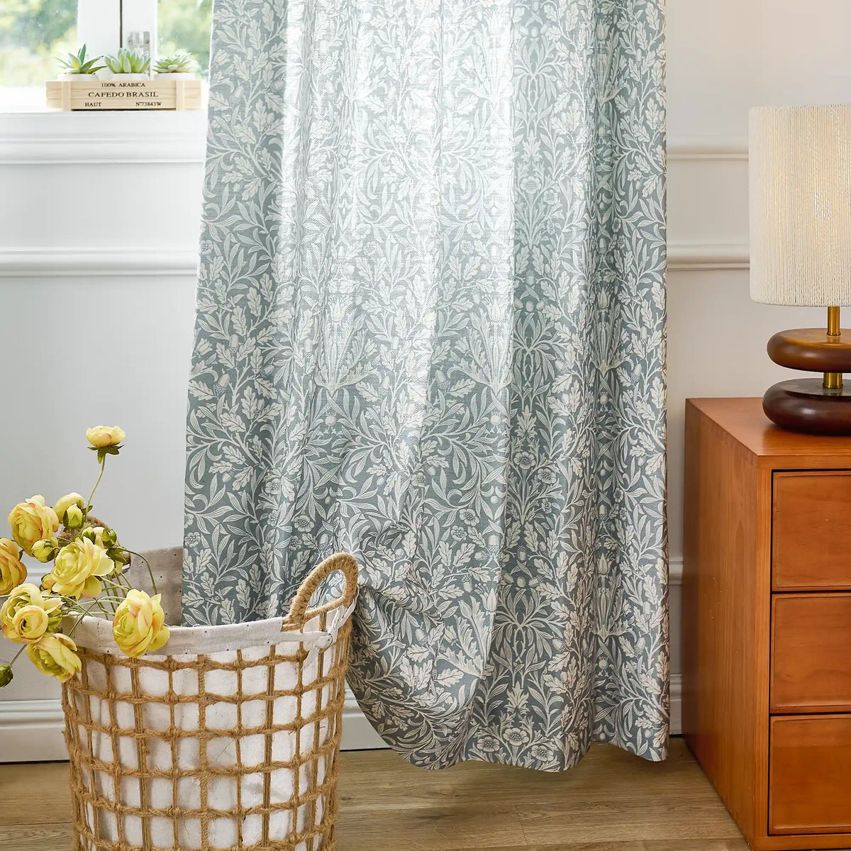 Mae H-006 duck egg blue vintage botanical print linen drapes detail display