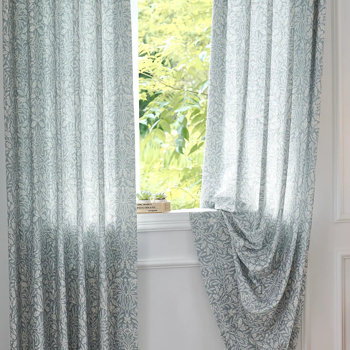 Mae H-006 duck egg blue vintage botanical print linen drapes bright and flowing