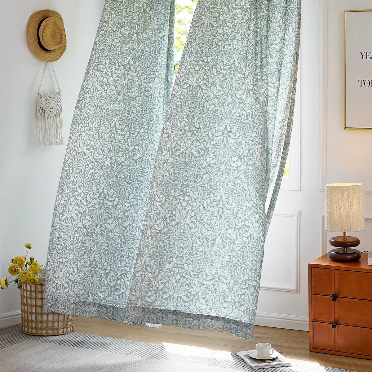 Mae H-006 duck egg blue vintage botanical print linen drapes bright and flowing