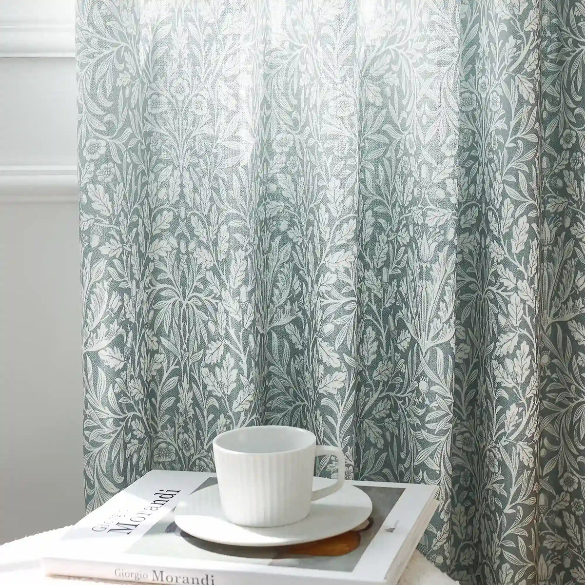 Mae H-006 duck egg blue vintage botanical print linen drapes detail display