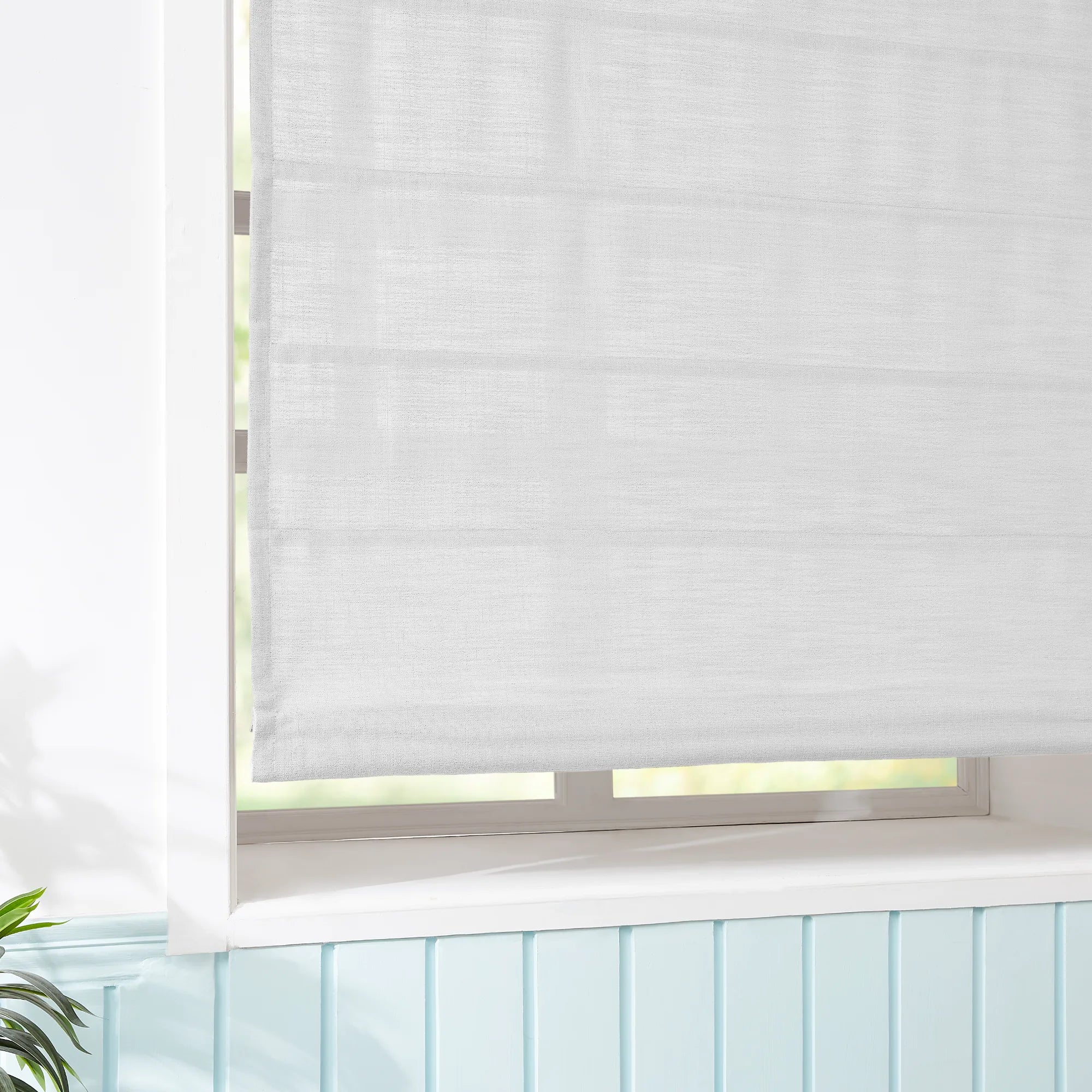 Marisol Linen Roman Shades: Image k1011_scene_2 features full-room scene view, tailored soft linen folds, warm natural light diffusion, elegant minimalist window decor in modern living space