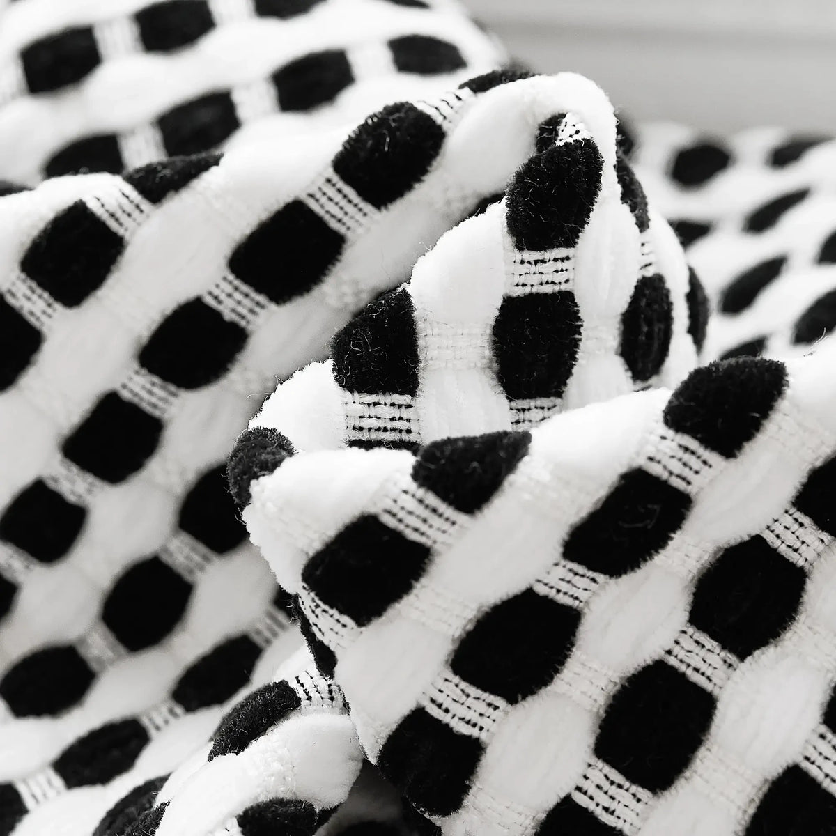 Mirelle Black & White Geometric Grid Jacquard Roman Shades: Image detail_2 highlights the intricate black & white geometric grid jacquard details, premium fabric texture and exquisite craftsmanship of the roman shade.