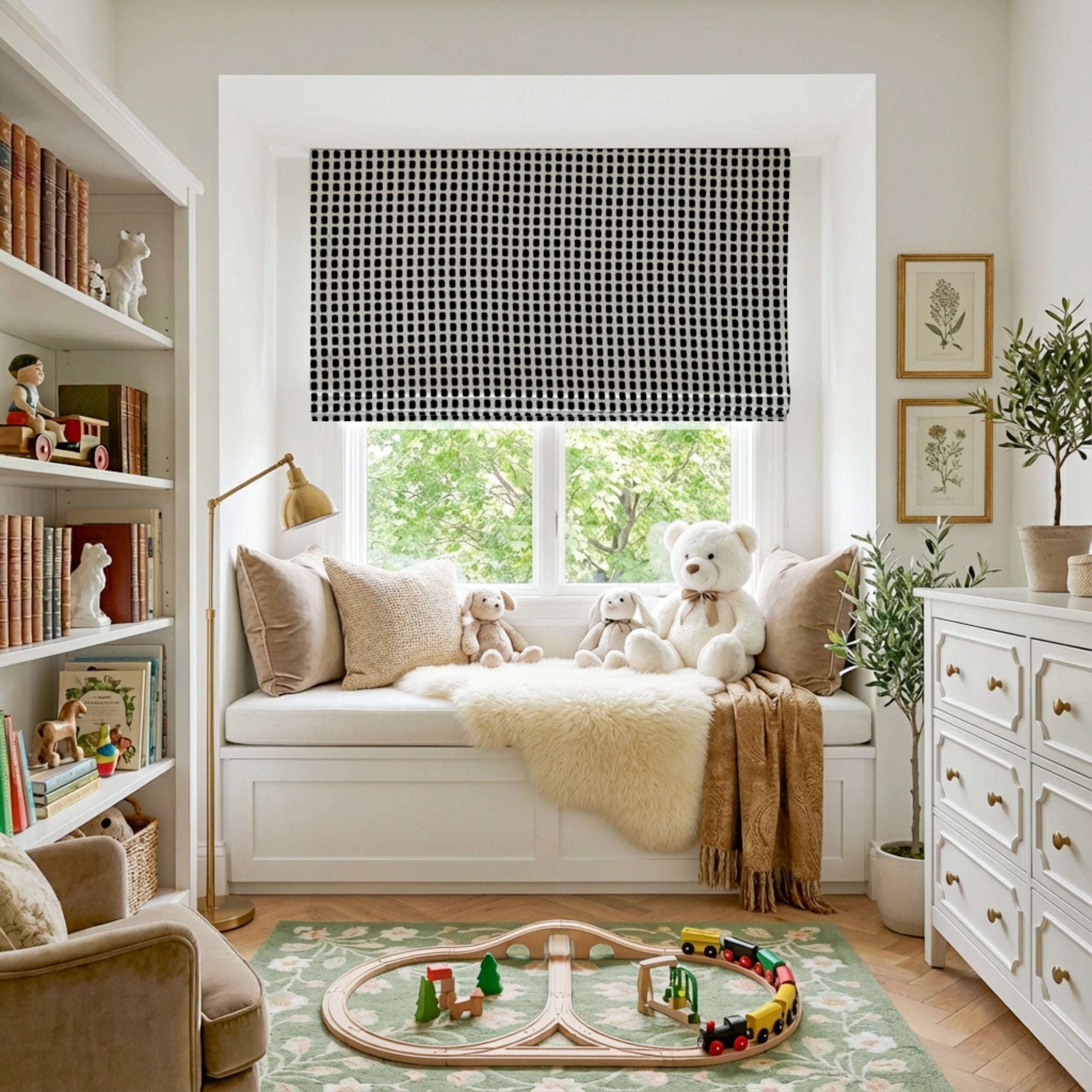 Mirelle Black & White Geometric Grid Jacquard Roman Shades: Image scene_1 showcases the roman shade with classic black & white geometric grid jacquard design, high-quality fabric and stylish home scene display.